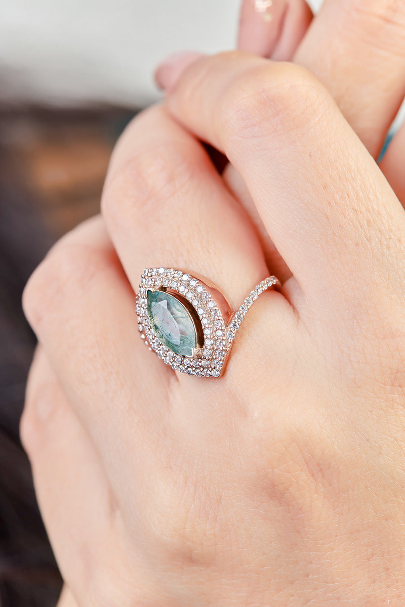 Marquise Moss Agate Engagement Ring