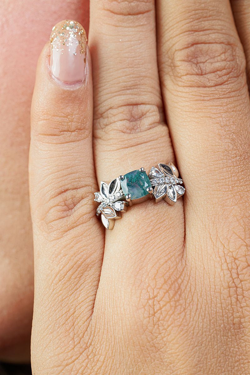 Cushion Cut Moss Agate Engagement Ring