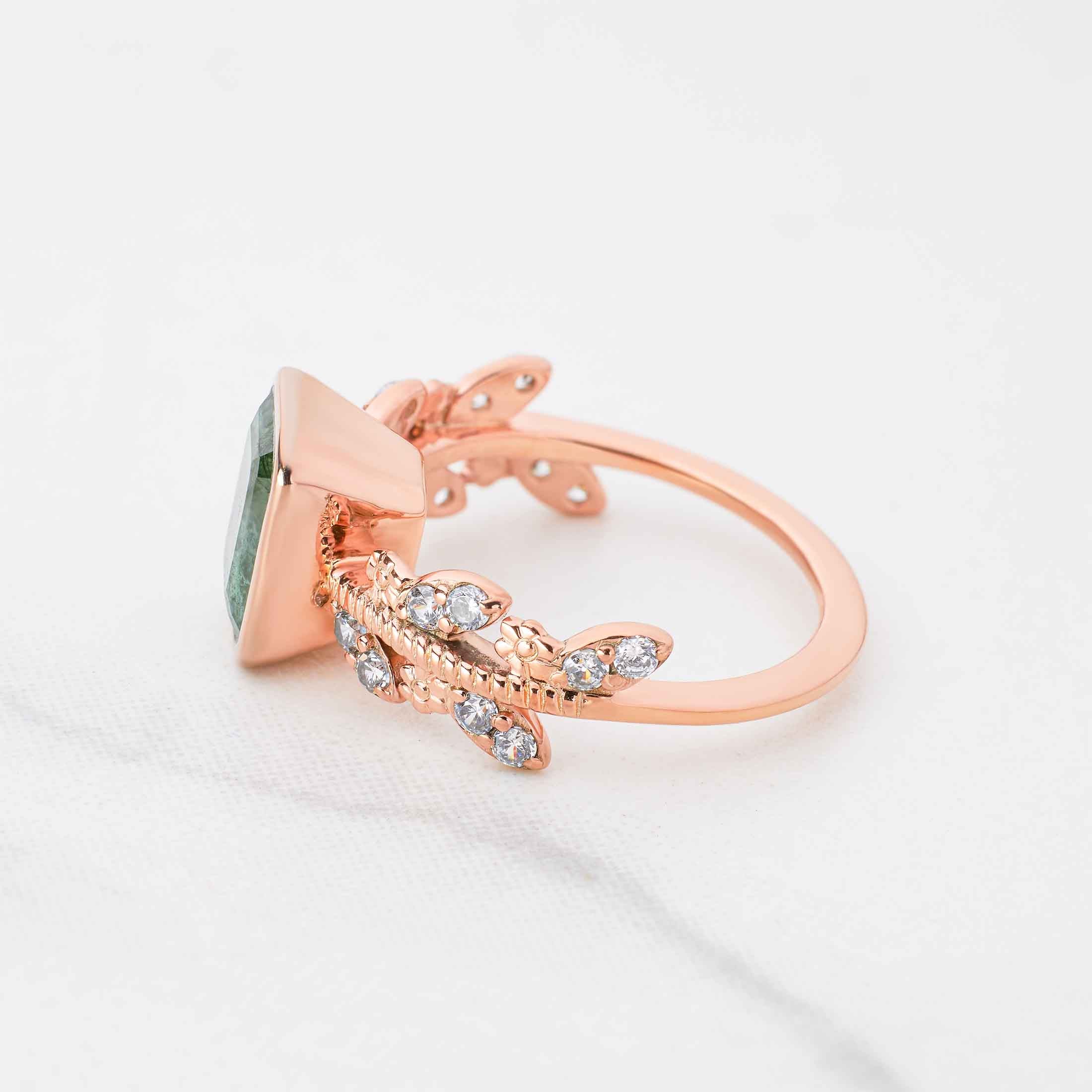 Natural Green Moss Agate Ring Healing Gemstone Art Deco Vintage Engagement Rings for Women Rose Gold