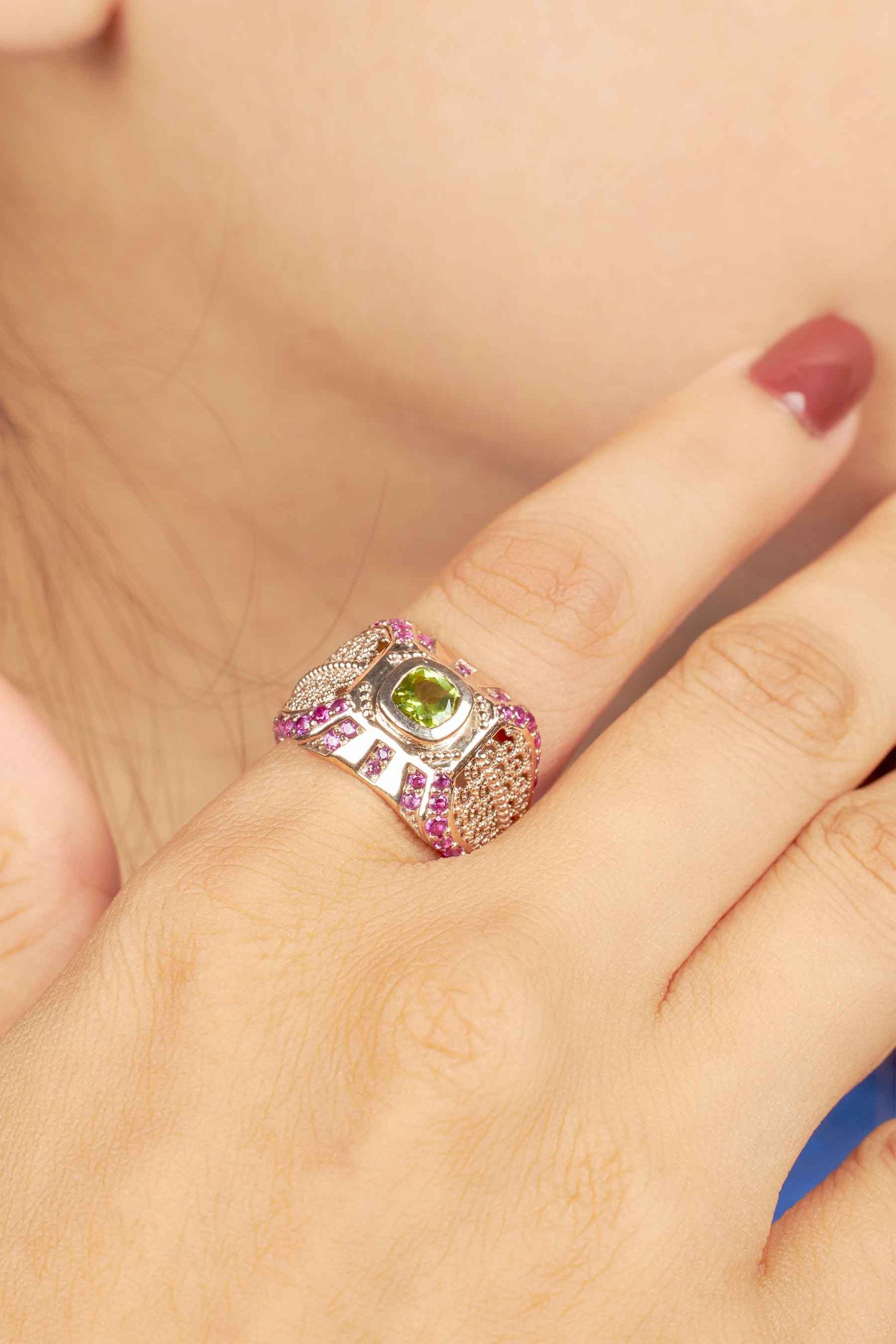 Engagement Ring Filigree Milgrain Art Deco Cocktail Statement Peridot Ruby Gemstone Rose Gold