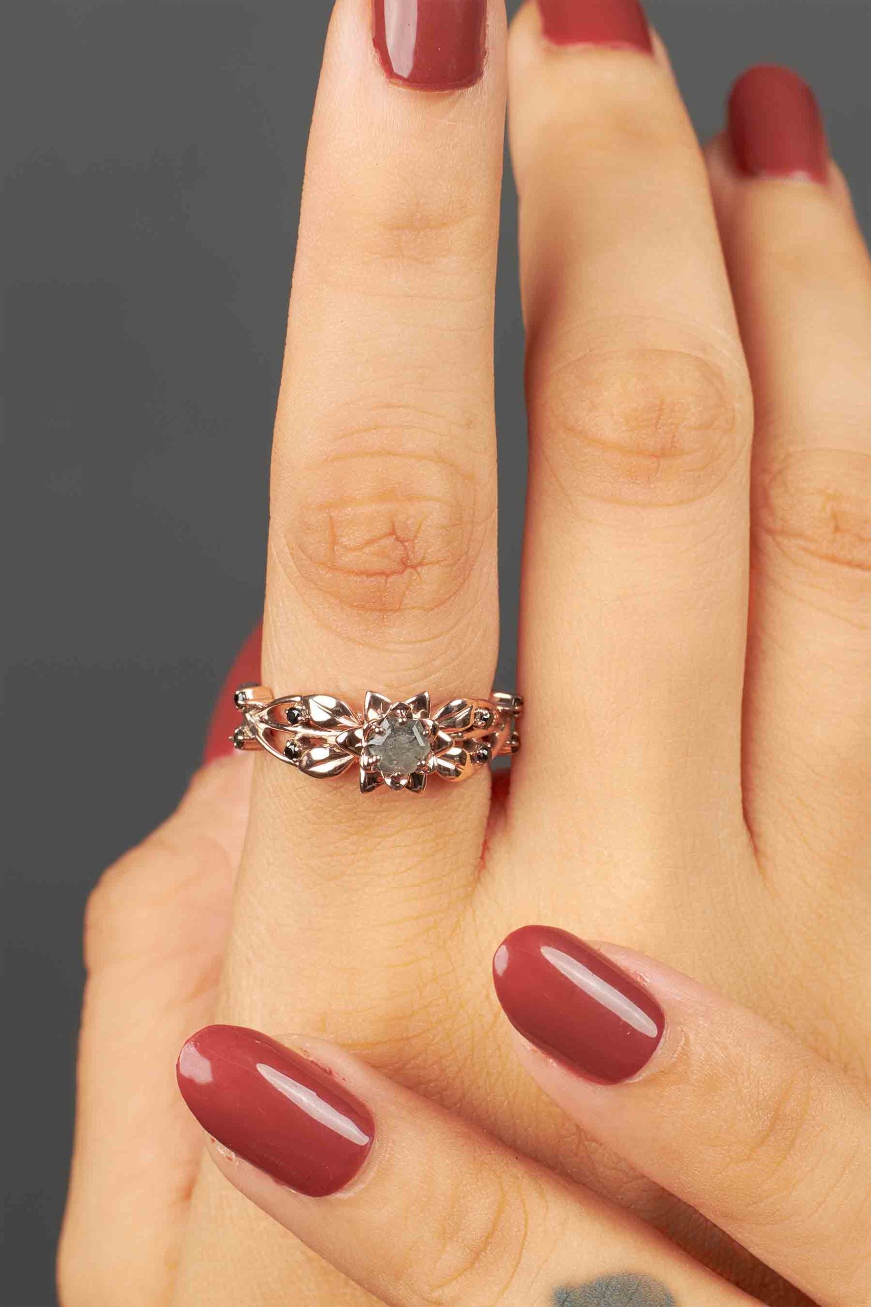 Hexagon Cut Black Natural Spinel Gemstone Engagement Ring Rose Gold Flower Art Nouveau Nature Inspired