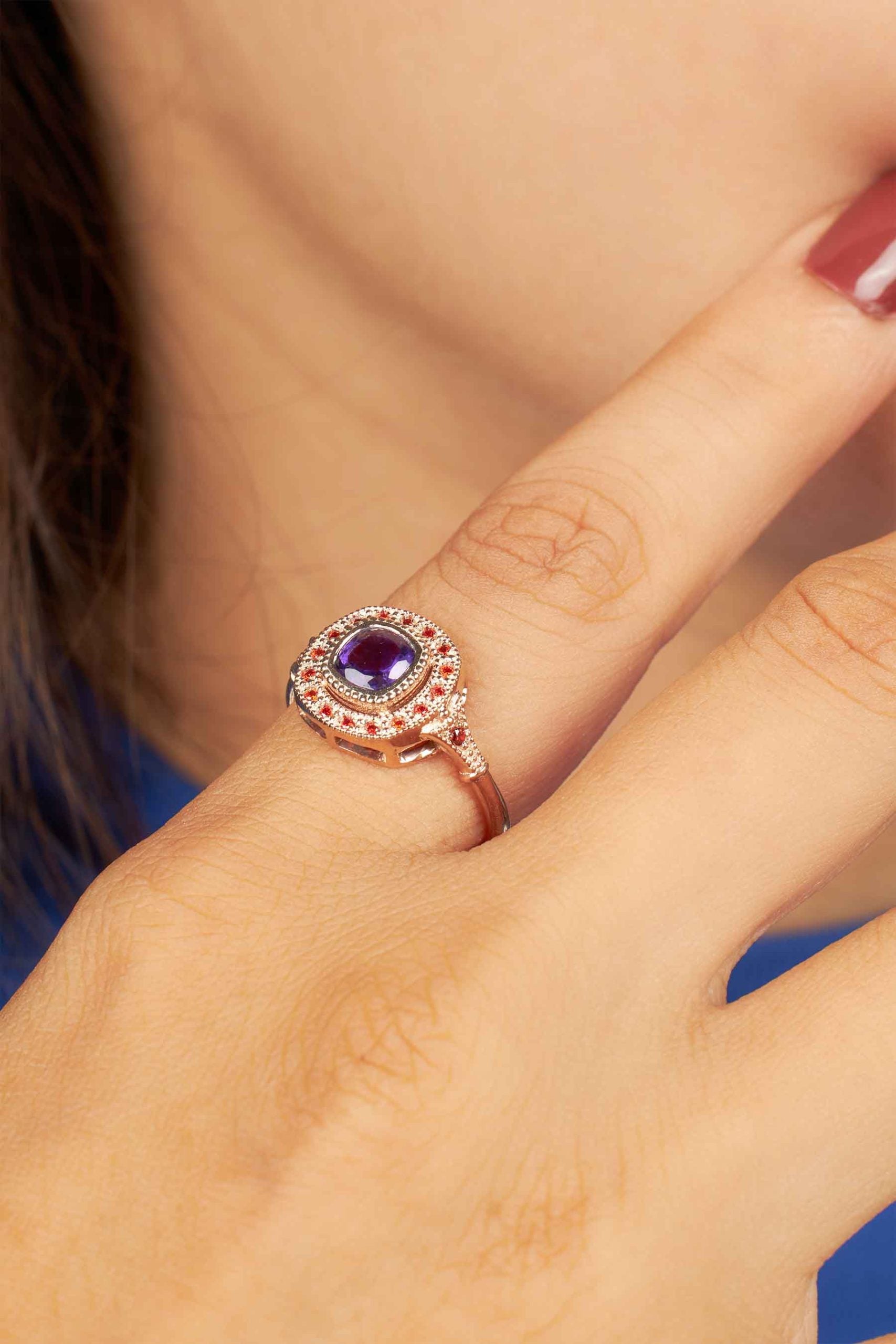 Multi Gemstone Cocktail Ring Milgrain Genuine Amethyst Sapphire Statement Engagement Rings Rose Gold