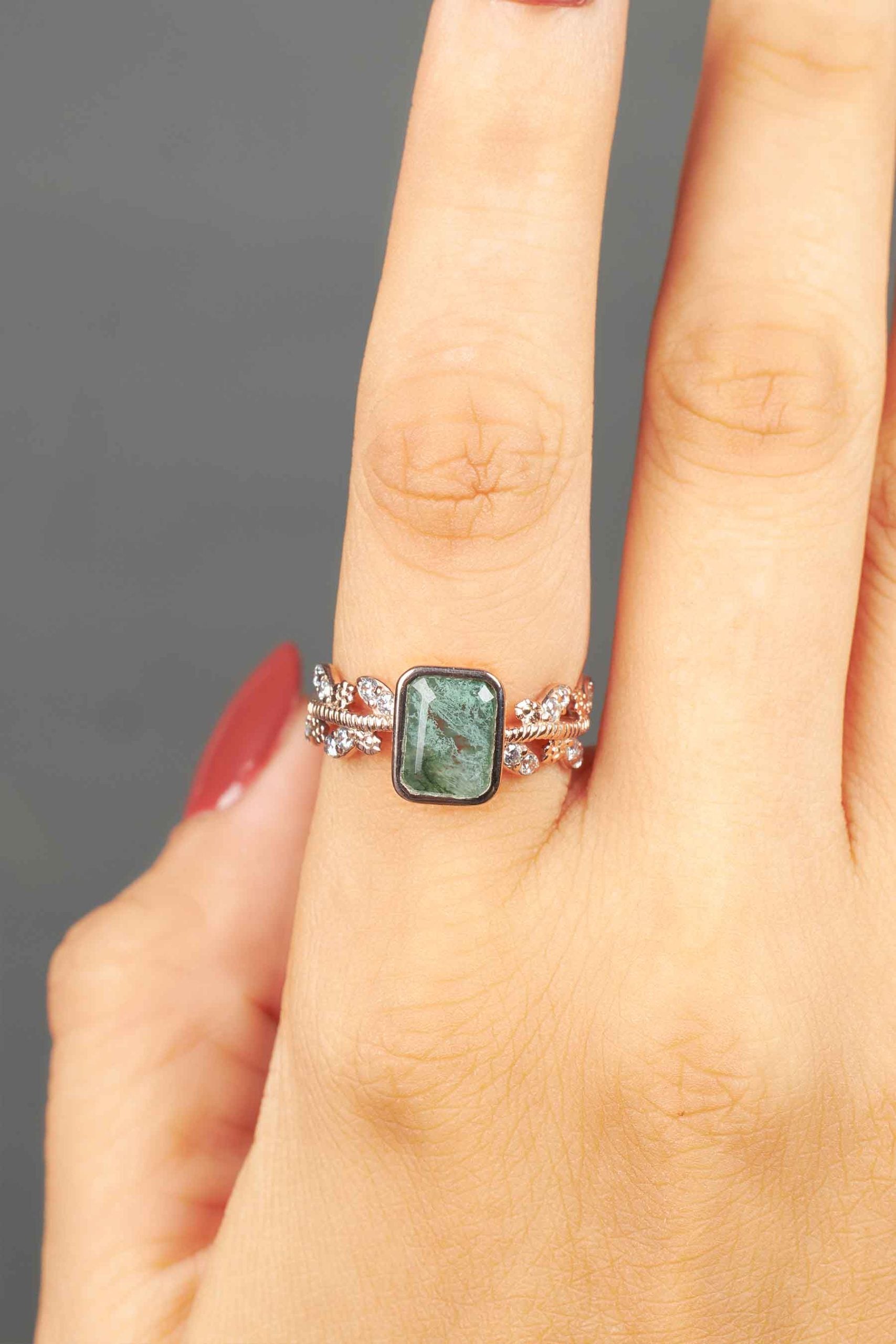 Natural Green Moss Agate Ring Healing Gemstone Art Deco Vintage Engagement Rings for Women Rose Gold