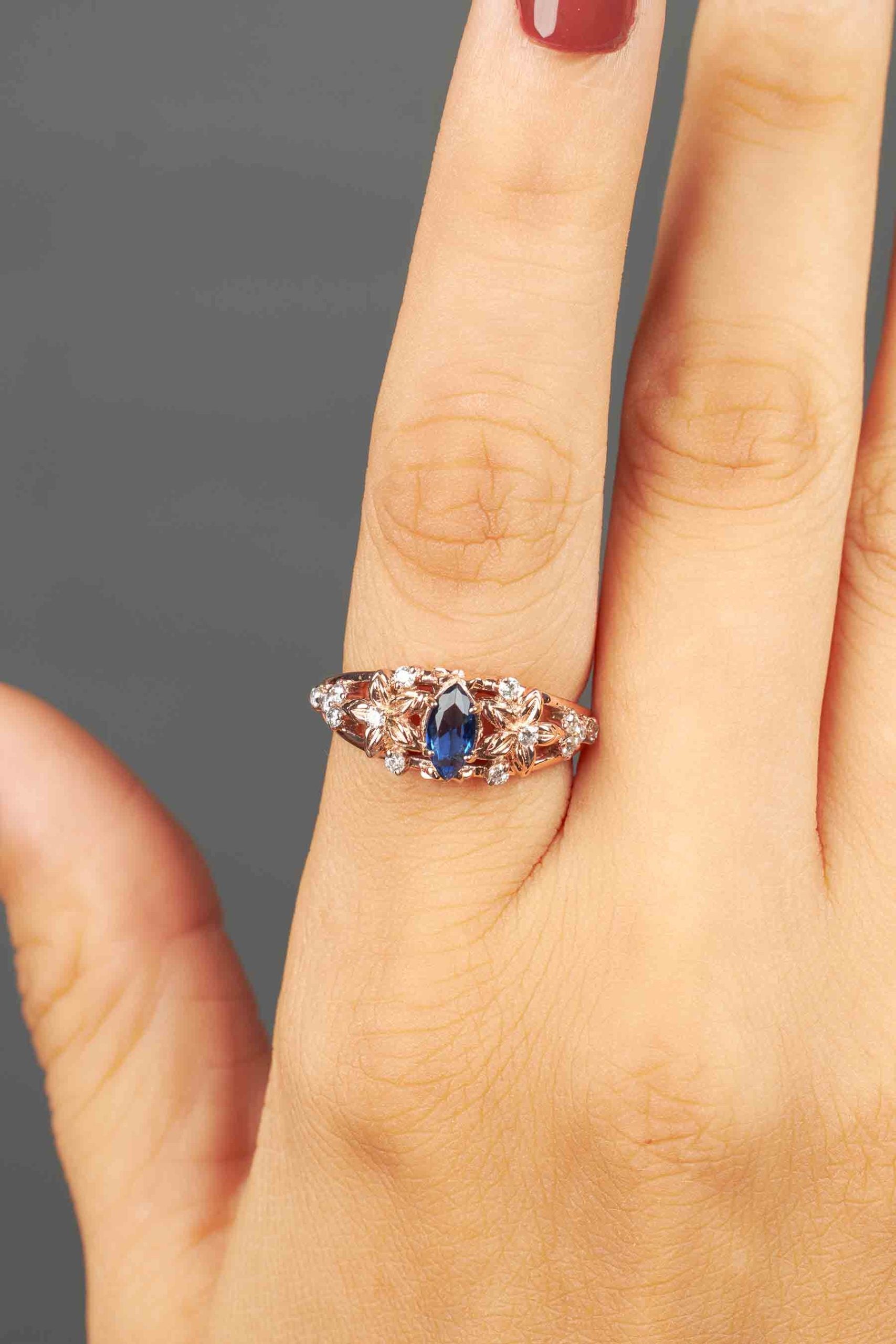 Floral Bridal Ring Set Blue Sapphire Flower Engagement Ring