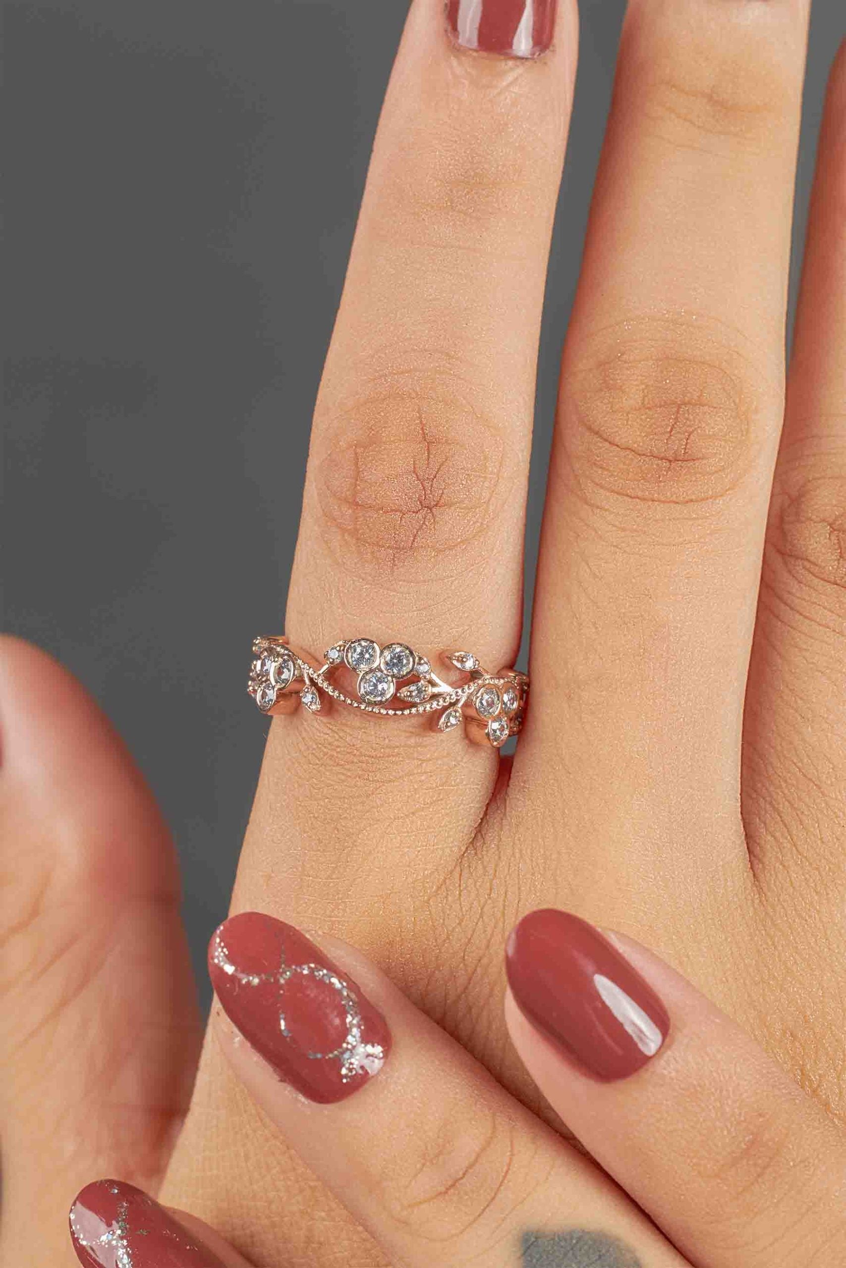 Floral Art Deco Wedding Band for Her Moissanite Diamond Anniversary Band Gift Rose Gold White Gold