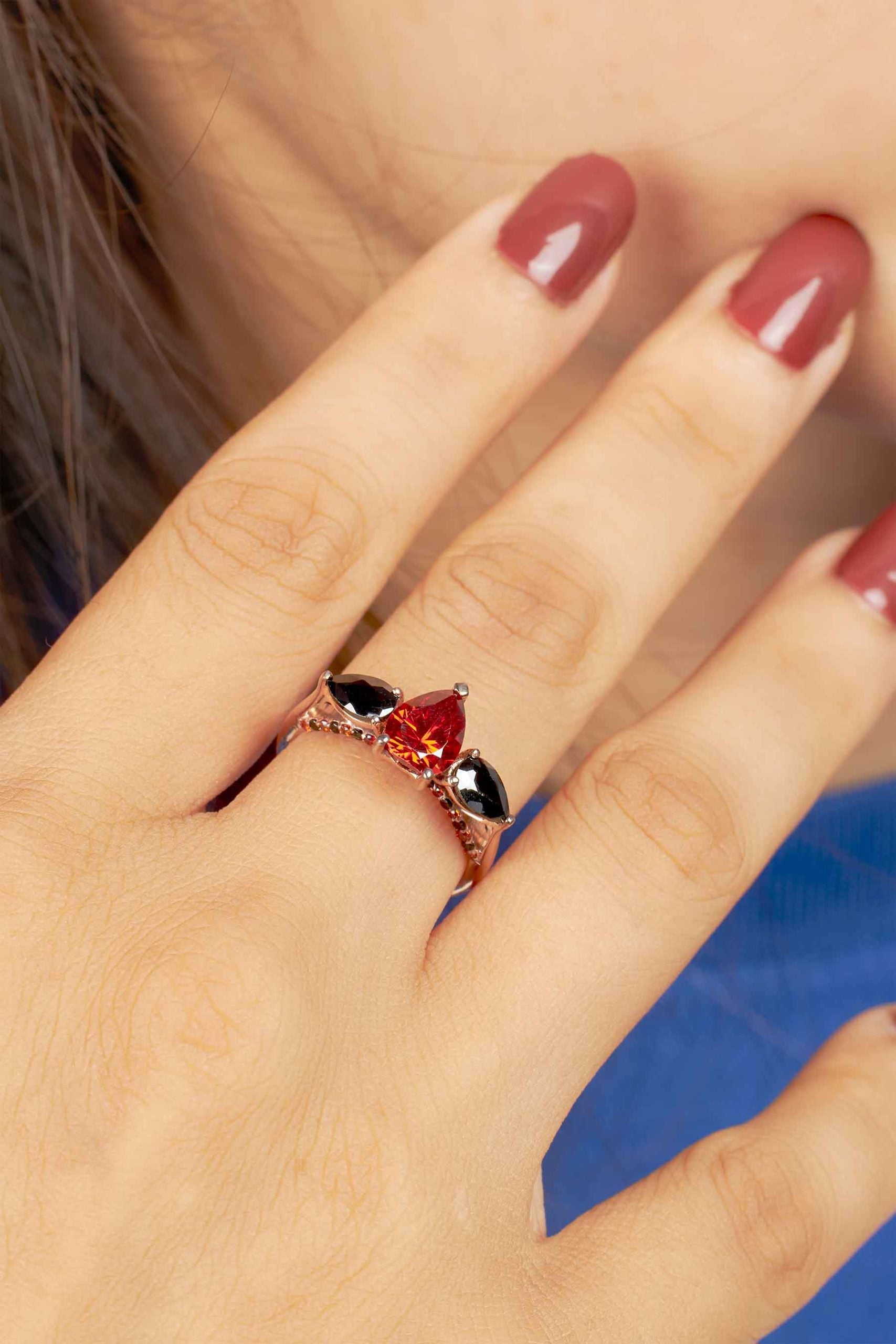 Pear Cut Engagement Ring Red and Black Multi Gemstone Rings 3 Stone Rose Gold Cocktail Statement