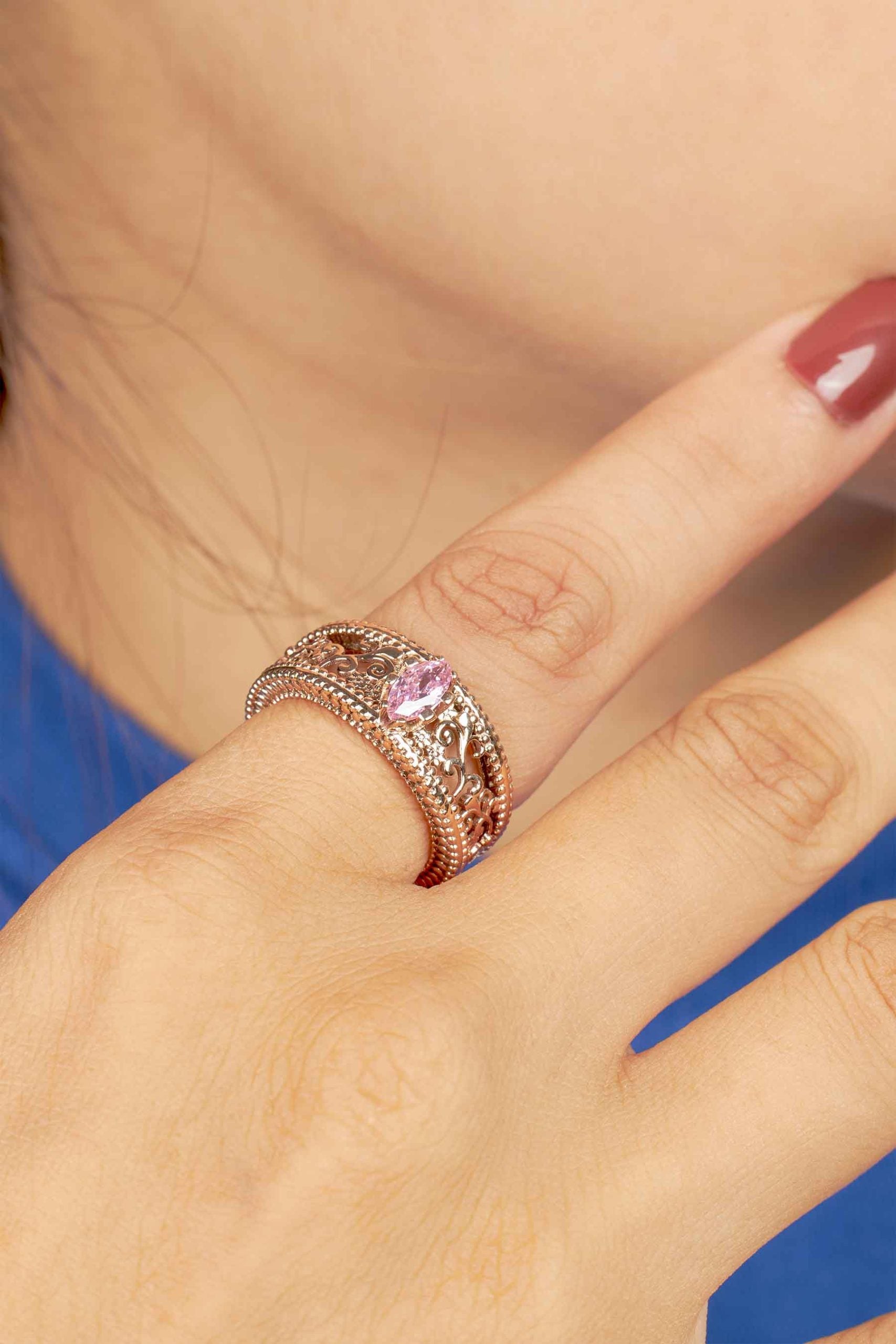 Art Deco Rose Gold Wedding Band Marquise Cut Baby Pink Quartz