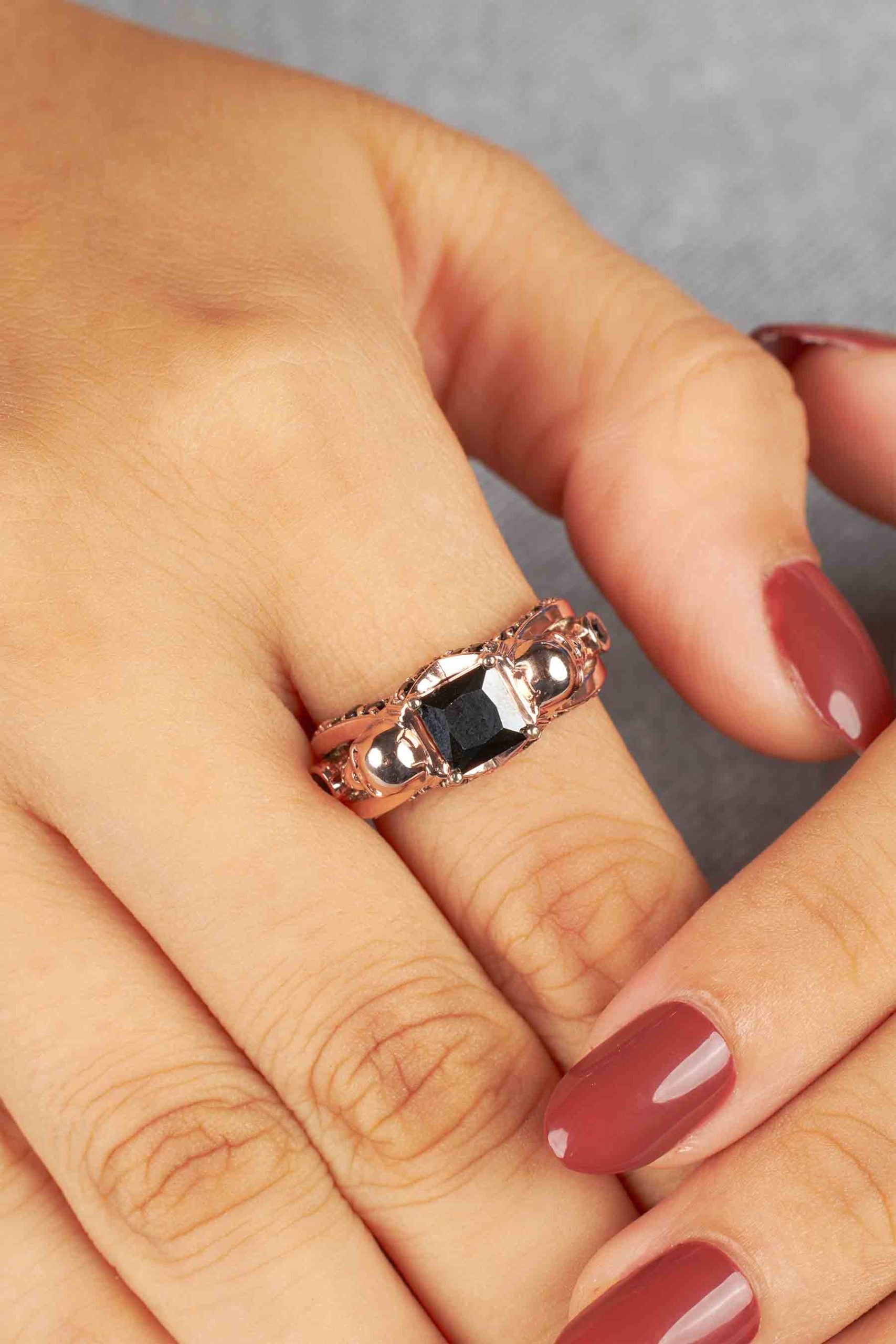 Black Spinel Skull Ring Rose Gold Princess Cut Engagement Rings Gothic Wedding Jewelry