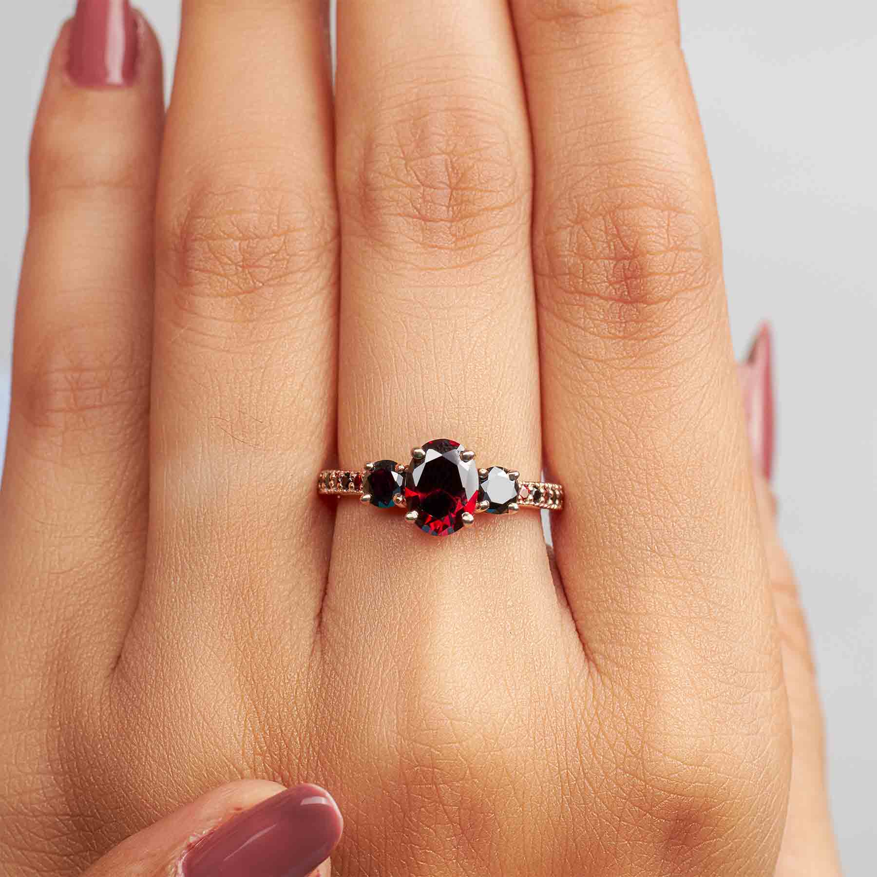 Red and Black Gothic Ring Multi Gemstone Oval Cut 3 Stone Engagement Ring