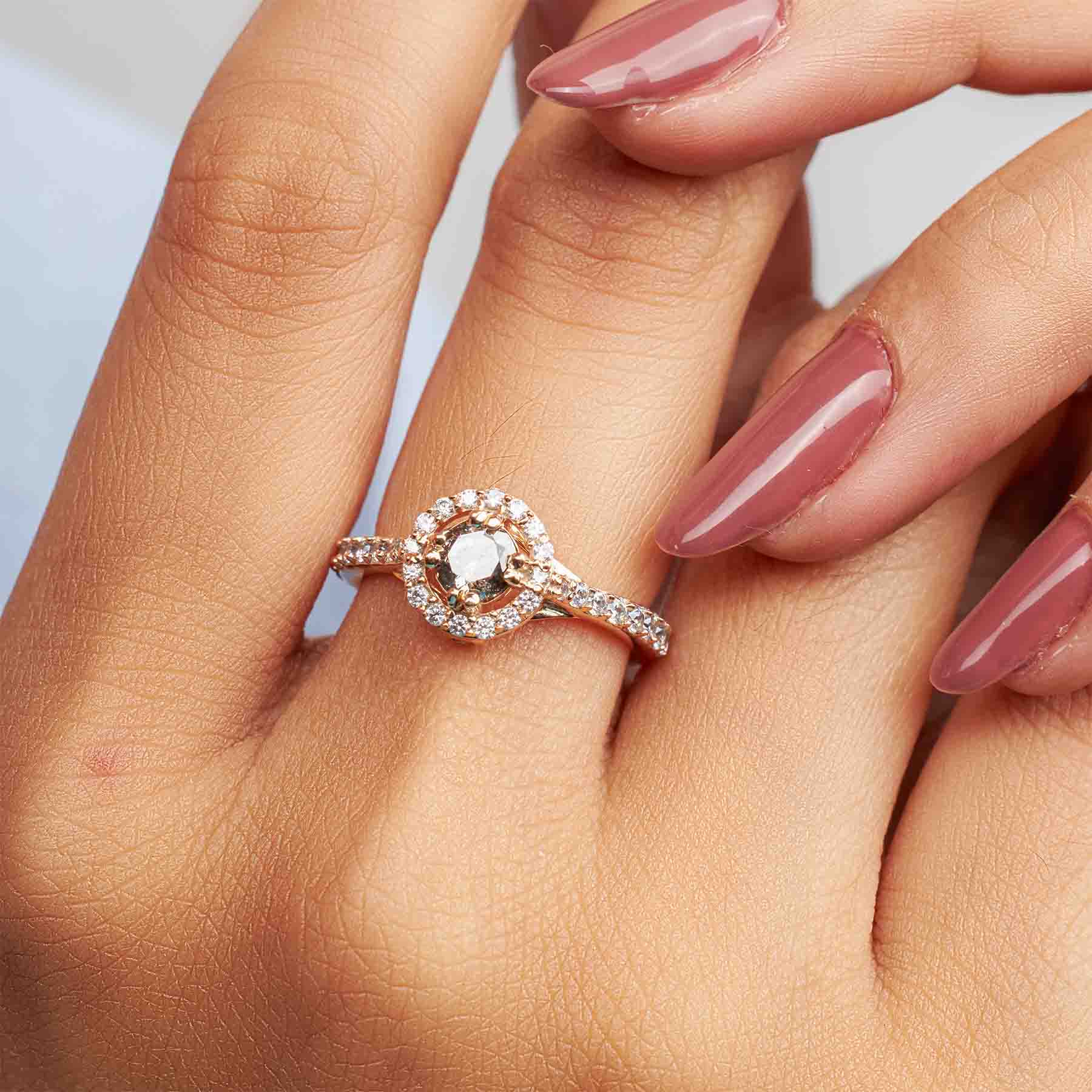 Galaxy Diamond Engagement Ring Halo Moissanite Salt and Pepper