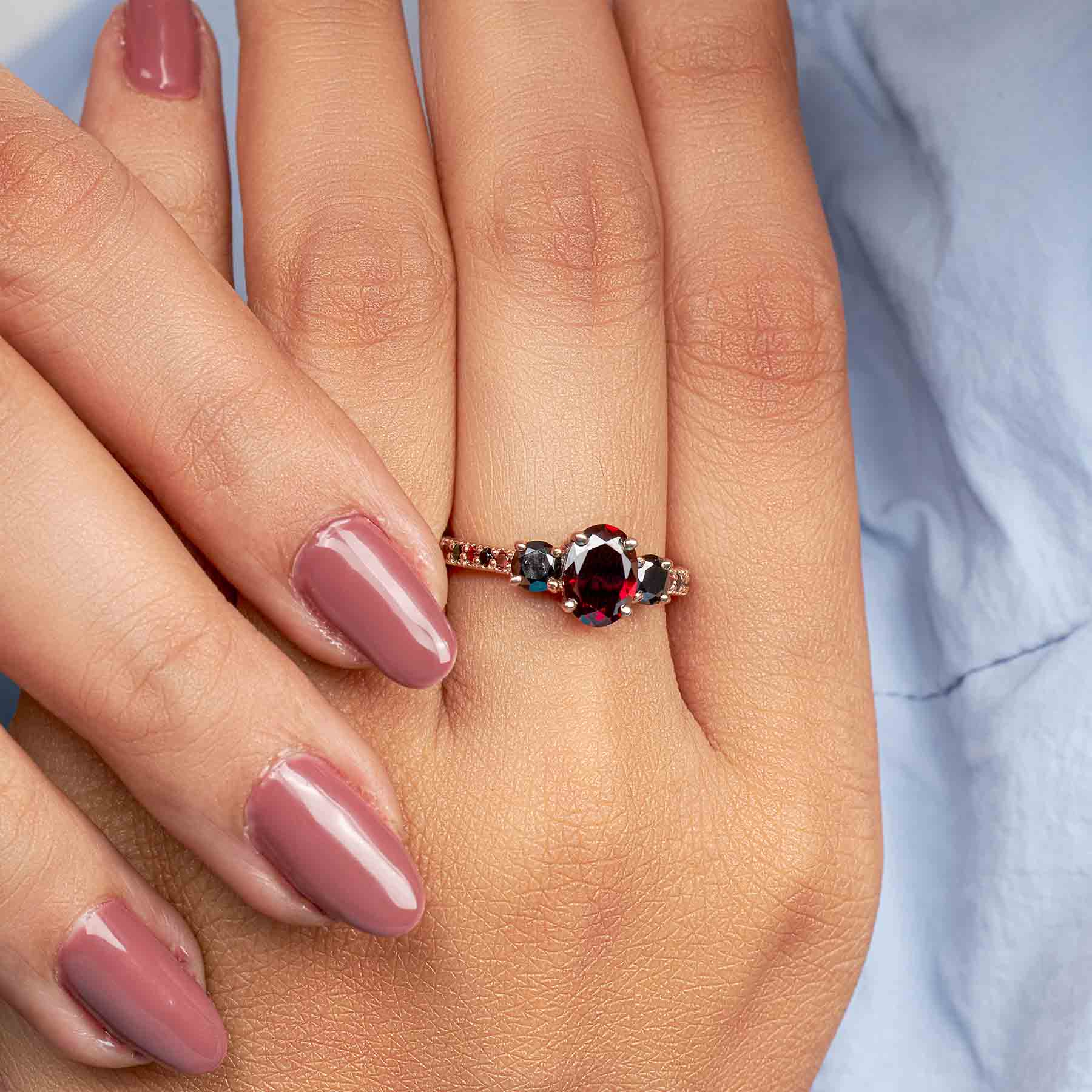 Red and Black Gothic Ring Multi Gemstone Oval Cut 3 Stone Engagement Ring