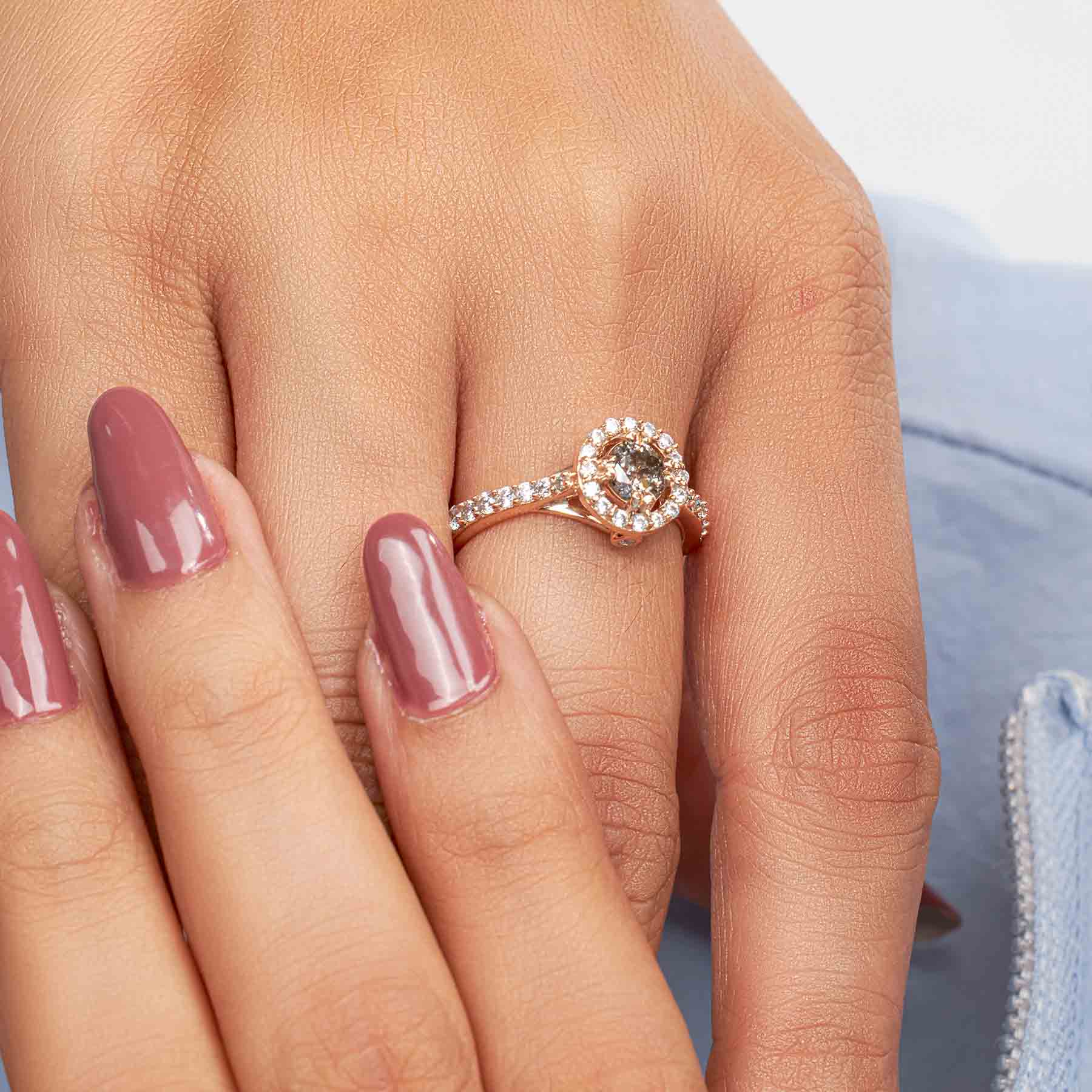 Galaxy Diamond Engagement Ring Halo Moissanite Salt and Pepper