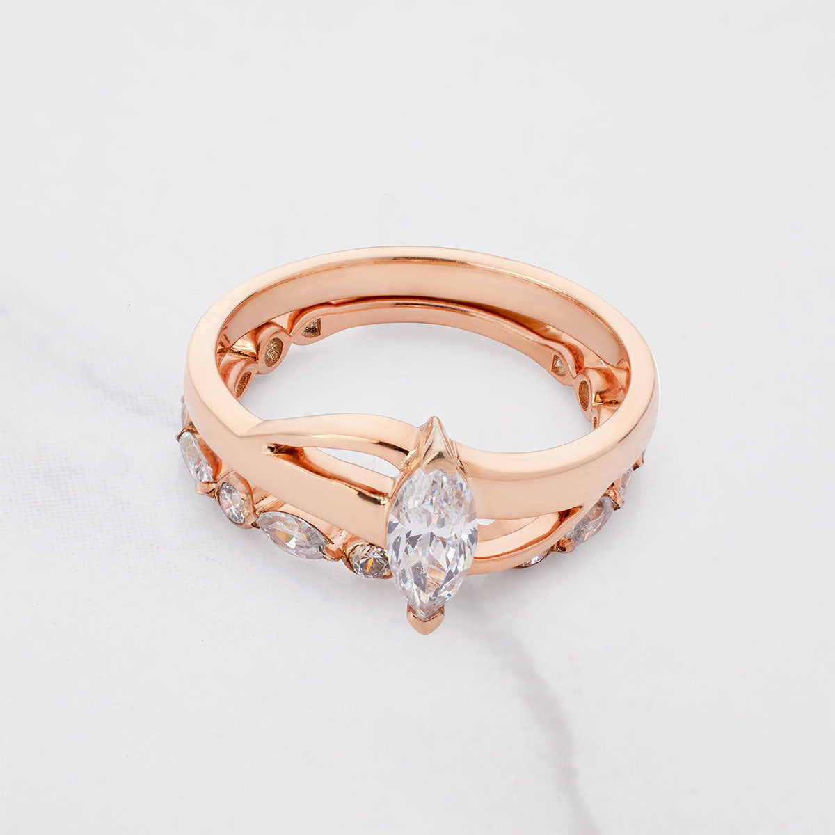 Marquise Diamond Ring Set Rose Gold Solitaire Bridal Rings Set