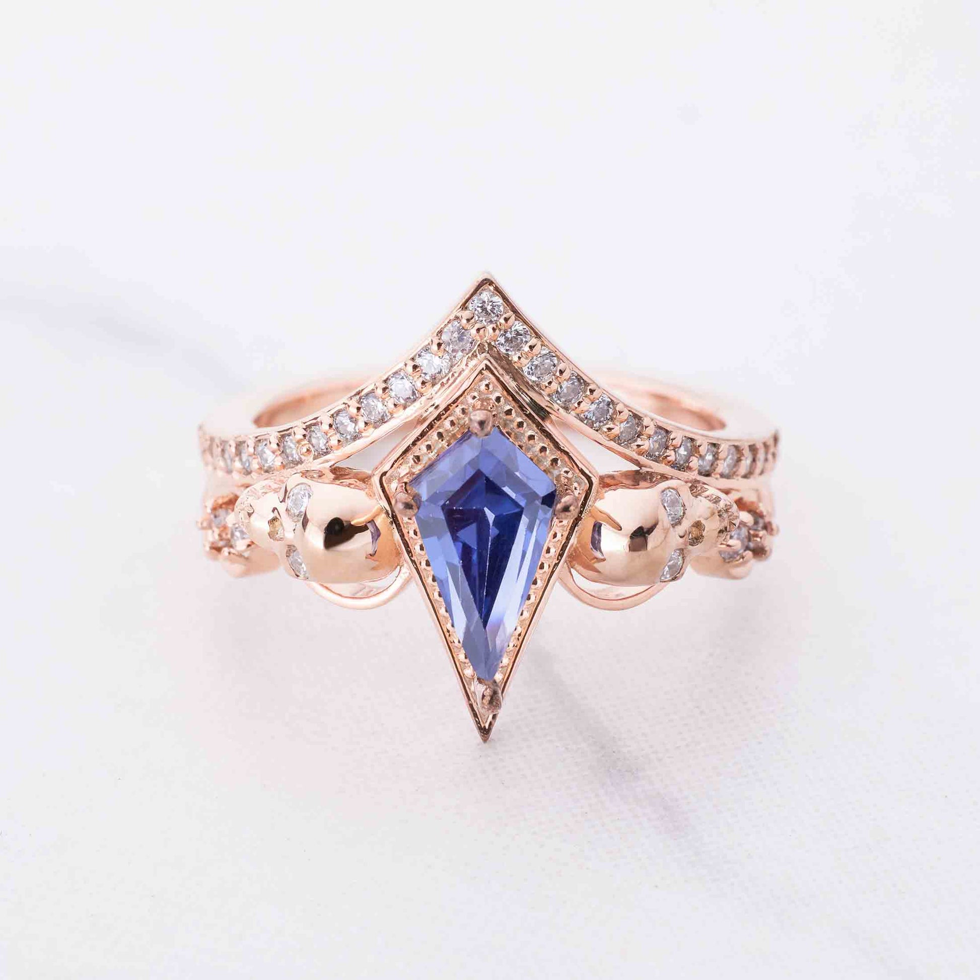 Skull Ring Blue Titanic Gemstone Kite Cut Engagement Ring Art Deco Rose Gold Gothic
