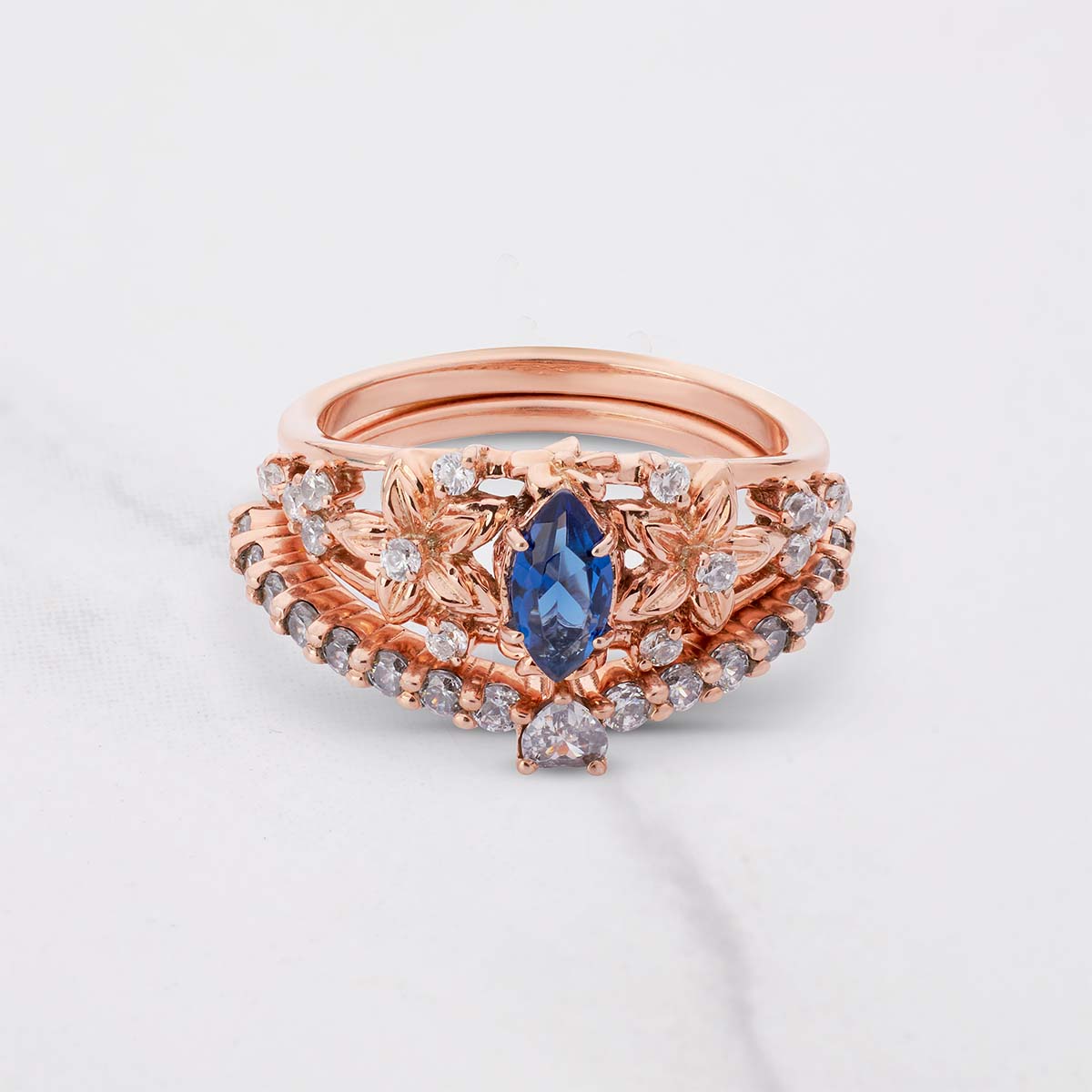 Floral Bridal Ring Set Blue Sapphire Flower Engagement Ring