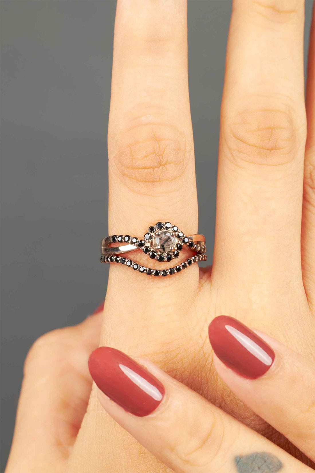 Rutile Quartz Engagement Ring Set 14k Rose Gold Bridal Rings