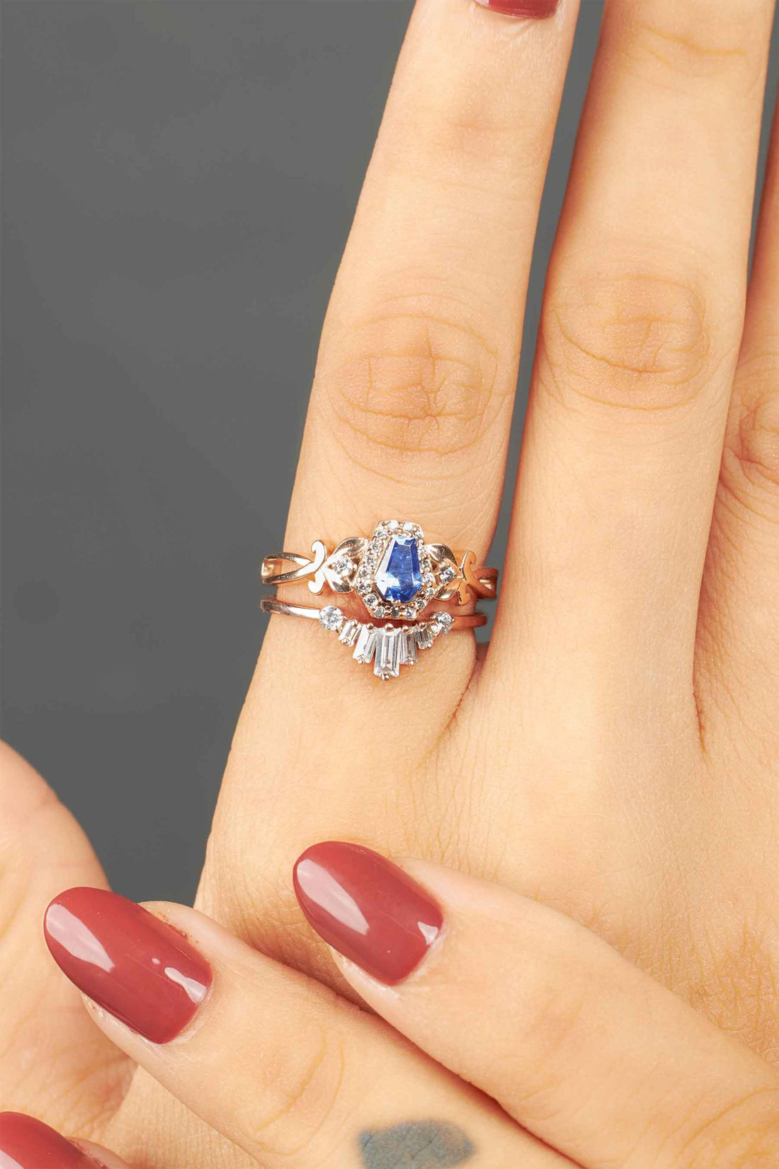 Art Nouveau Coffin Bridal Ring Set Tiara Wedding Band Rose Gold