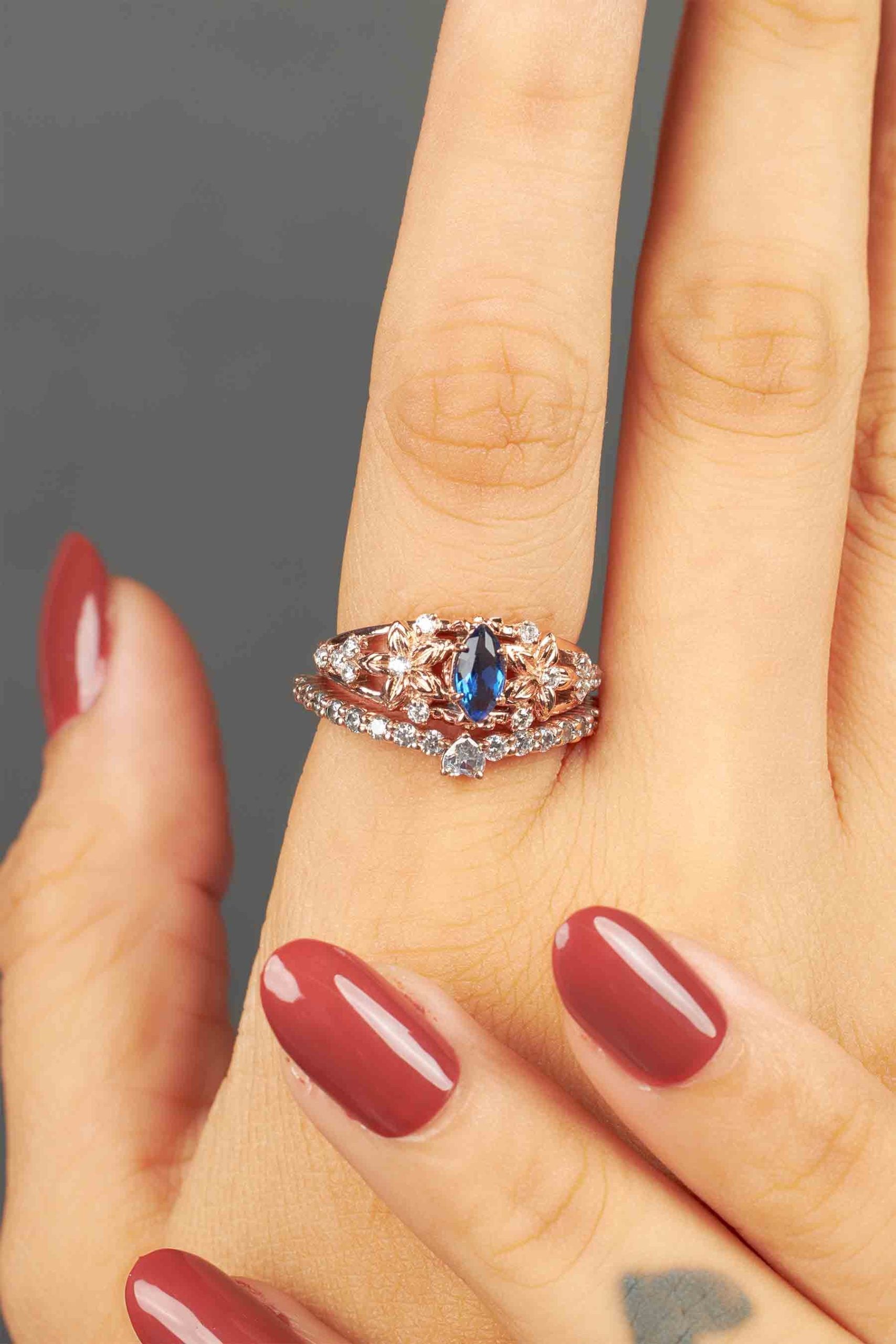 Floral Bridal Ring Set Blue Sapphire Flower Engagement Ring