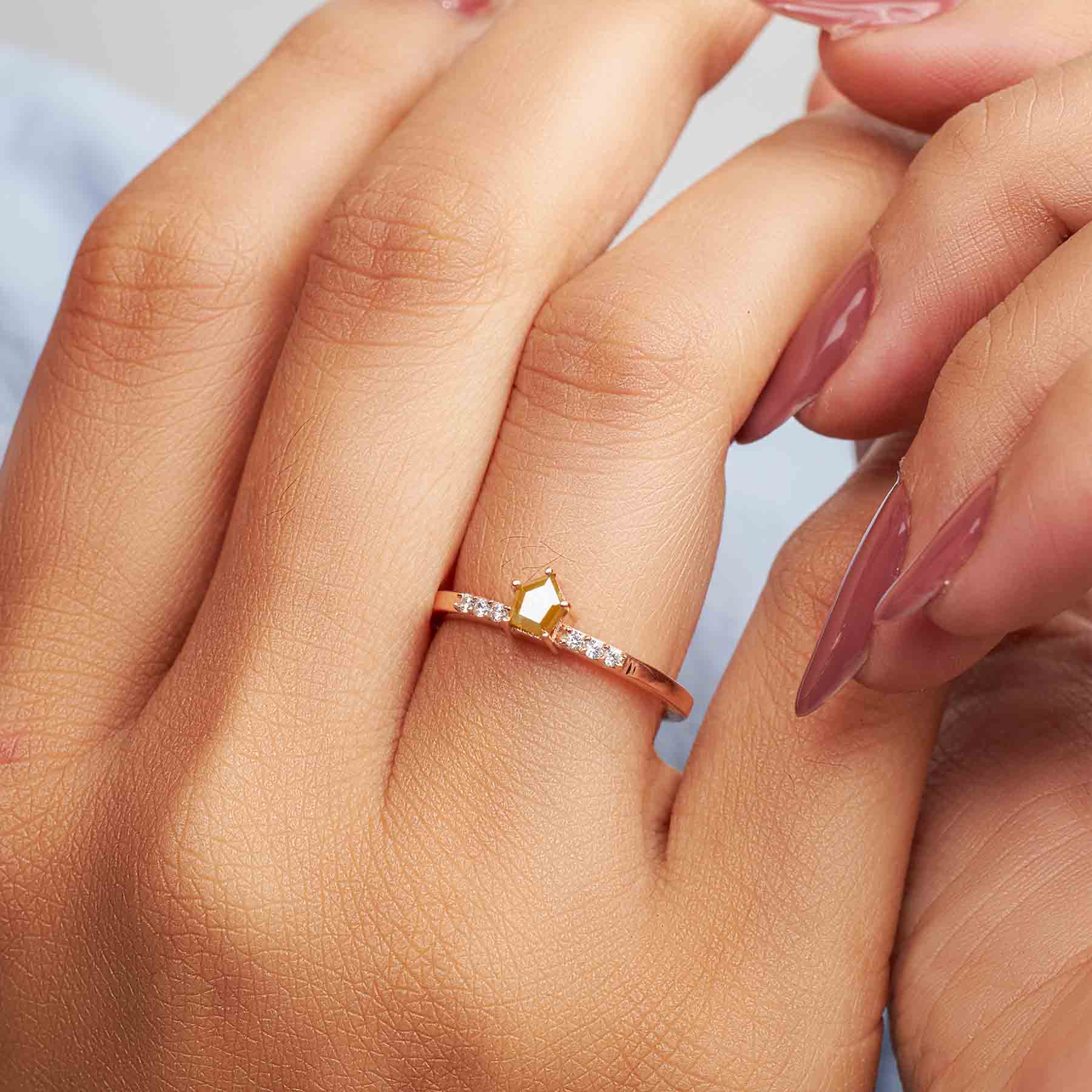 Shield Cut Yellow Natural Rustic Diamond Dainty Engagement Ring