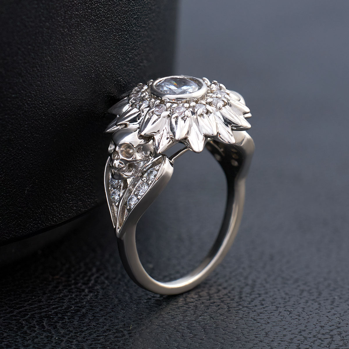 Diamond Flower Skull Ring Womens