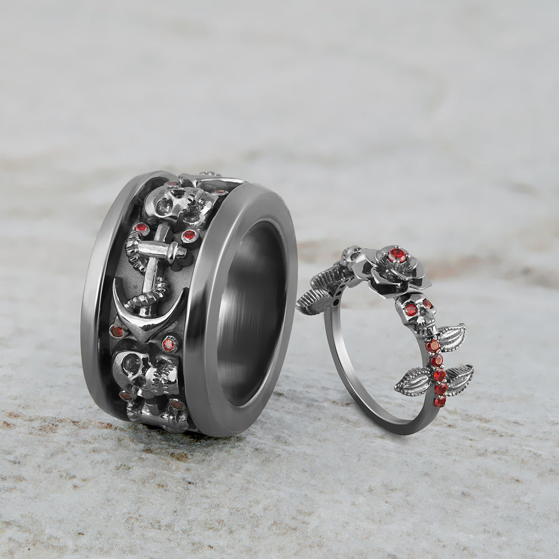 Rose Skull Engagement Ring Set
