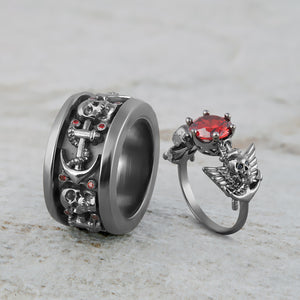 Wings Skull Engagement Ring Set Anchor Gothic Wedding Rings