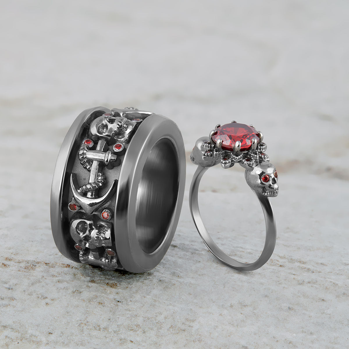 Garnet Matching Skull Engagement Rings