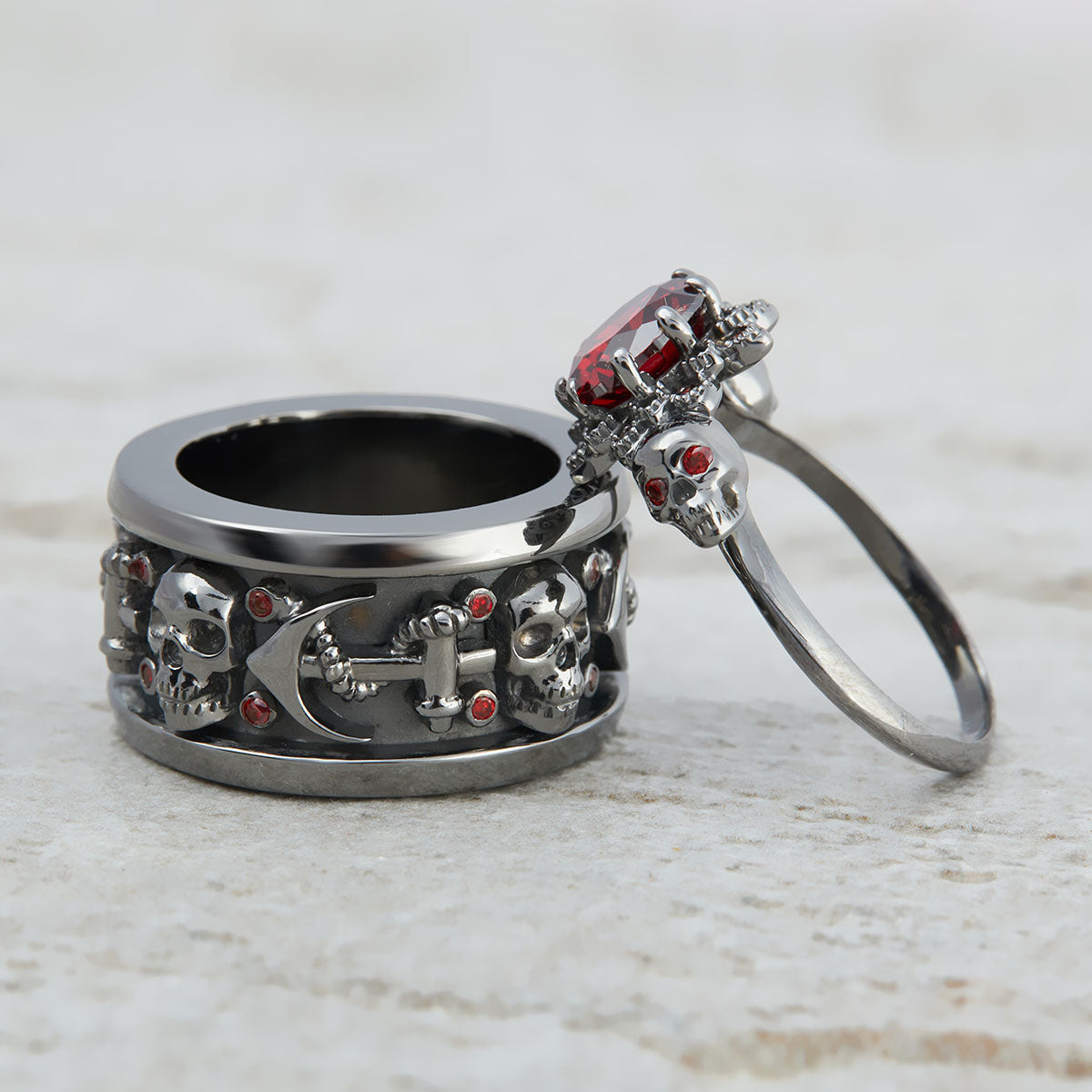 Garnet Matching Skull Engagement Rings