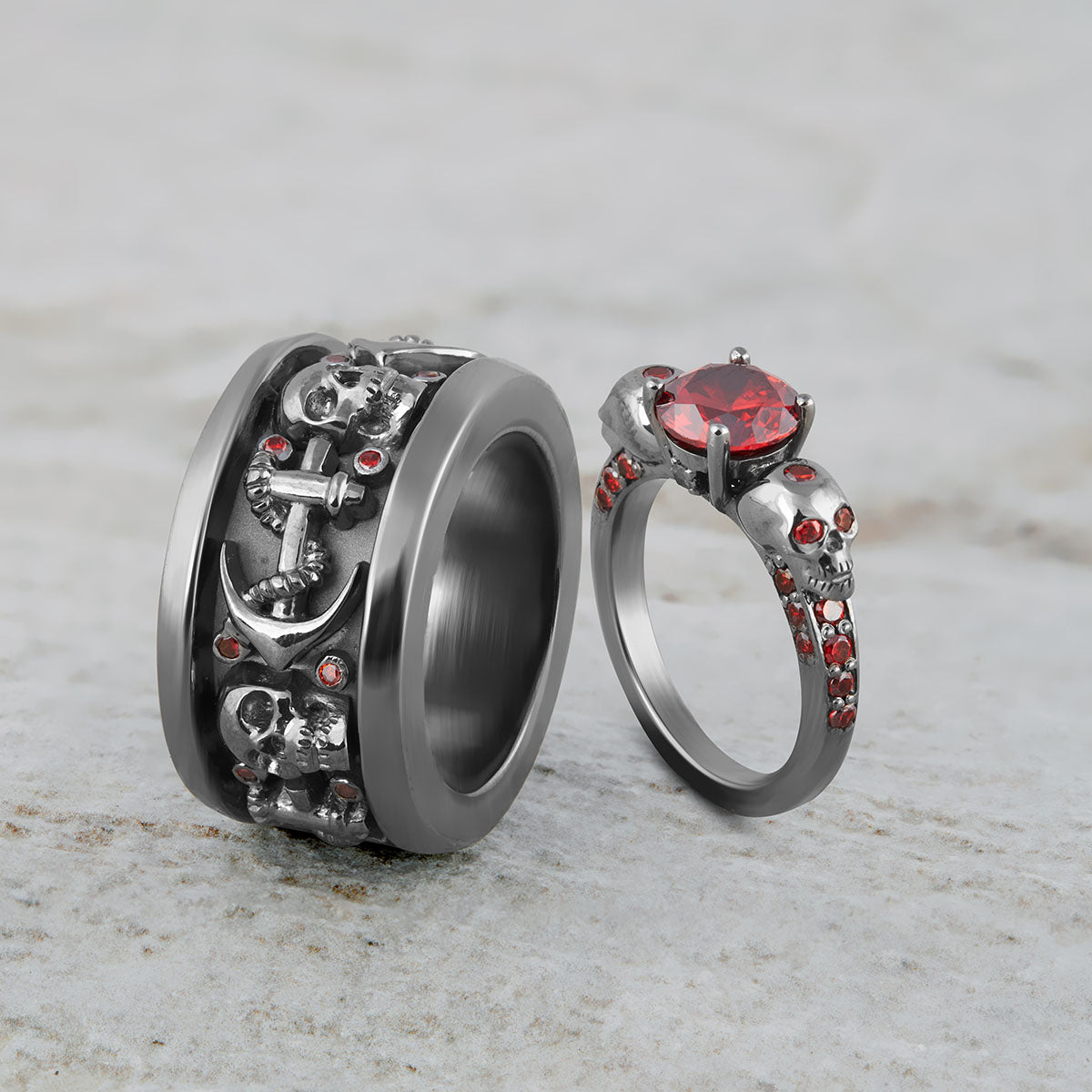 Gothic Wedding Ring Set Red Garnet Matching Couple Skull Rings
