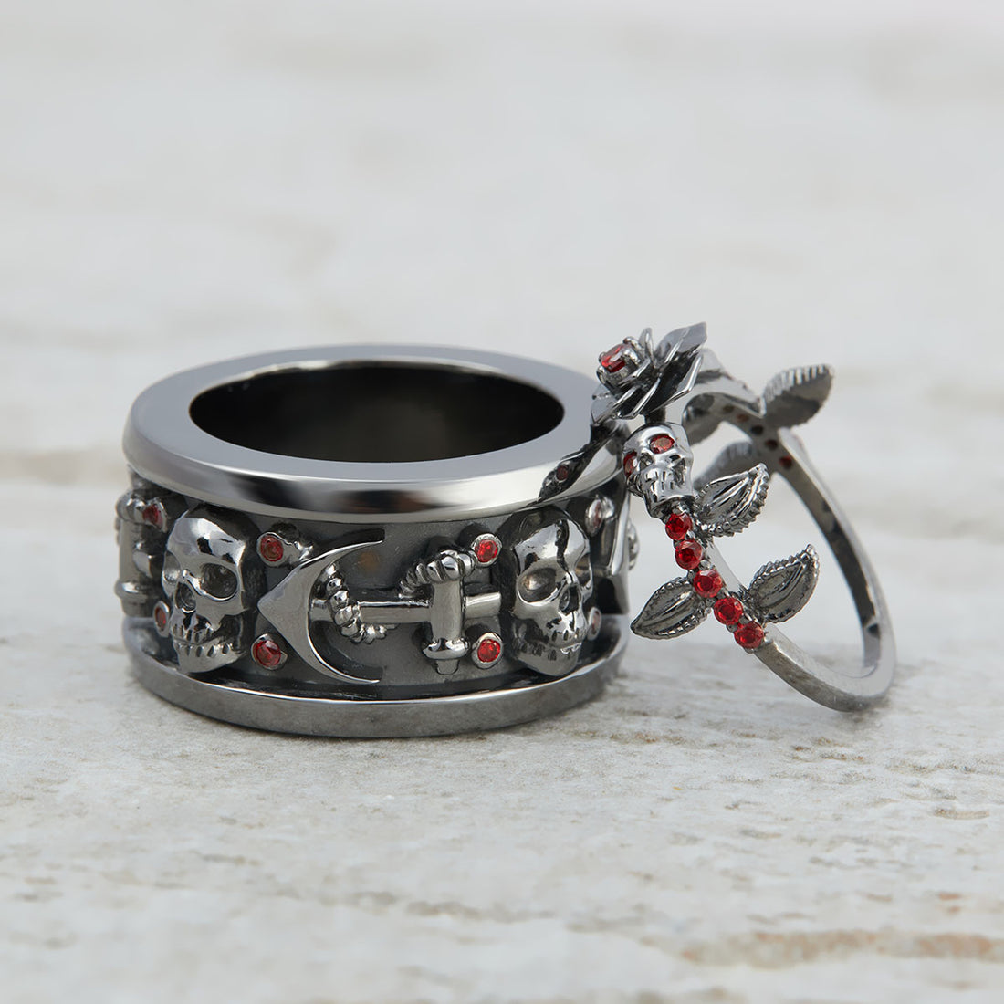 Rose Skull Engagement Ring Set