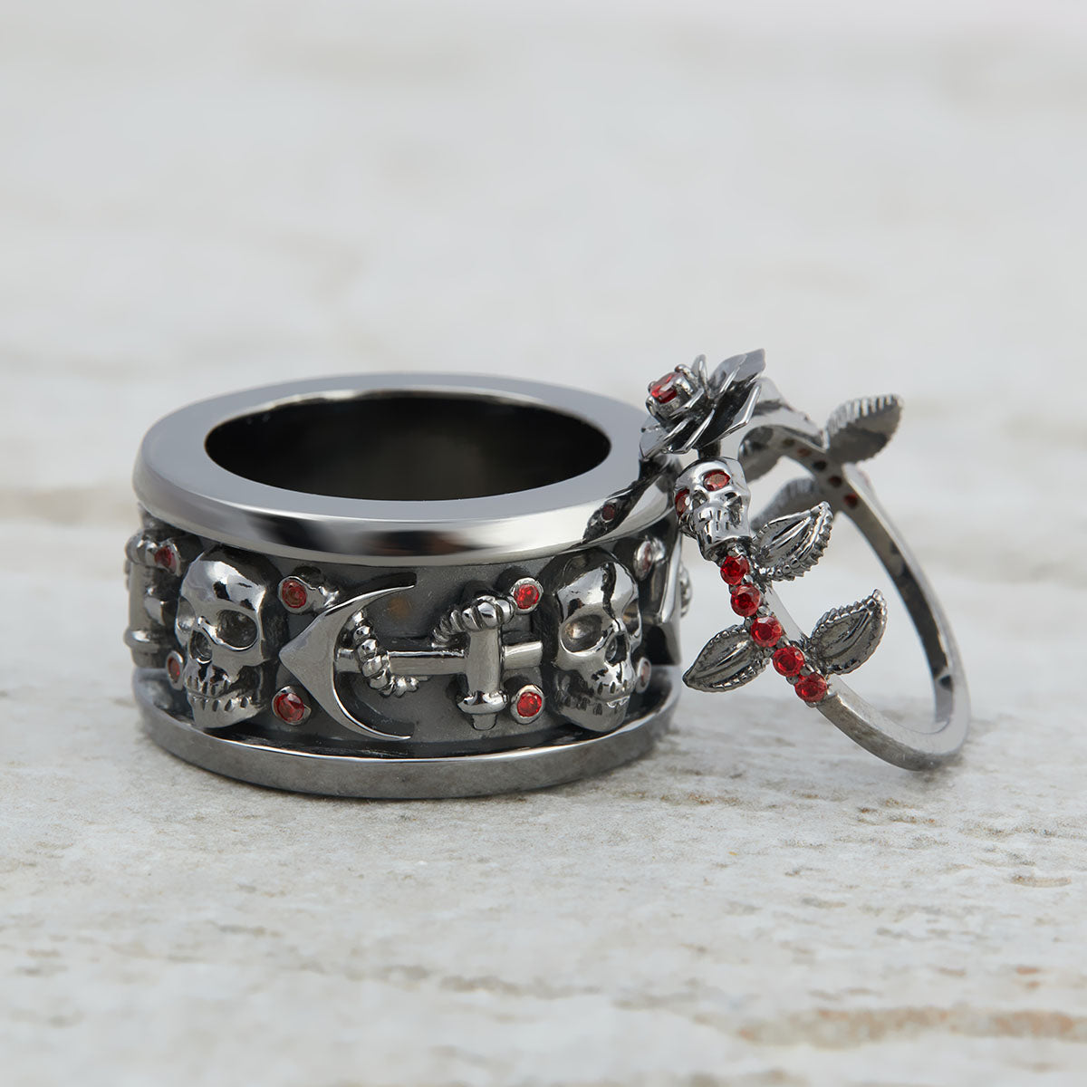 Rose Skull Engagement Ring Set