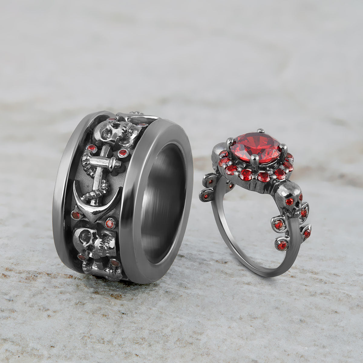His and Her Skull Wedding Ring Set