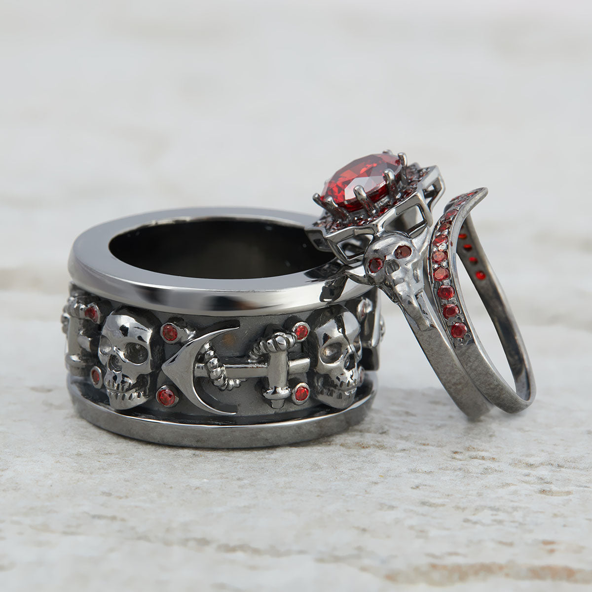 1.90TCW Garnet Skull Ring Set