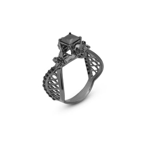 Onyx Mesh Flower Skull Ring Womens Gothic Engagement Ring
