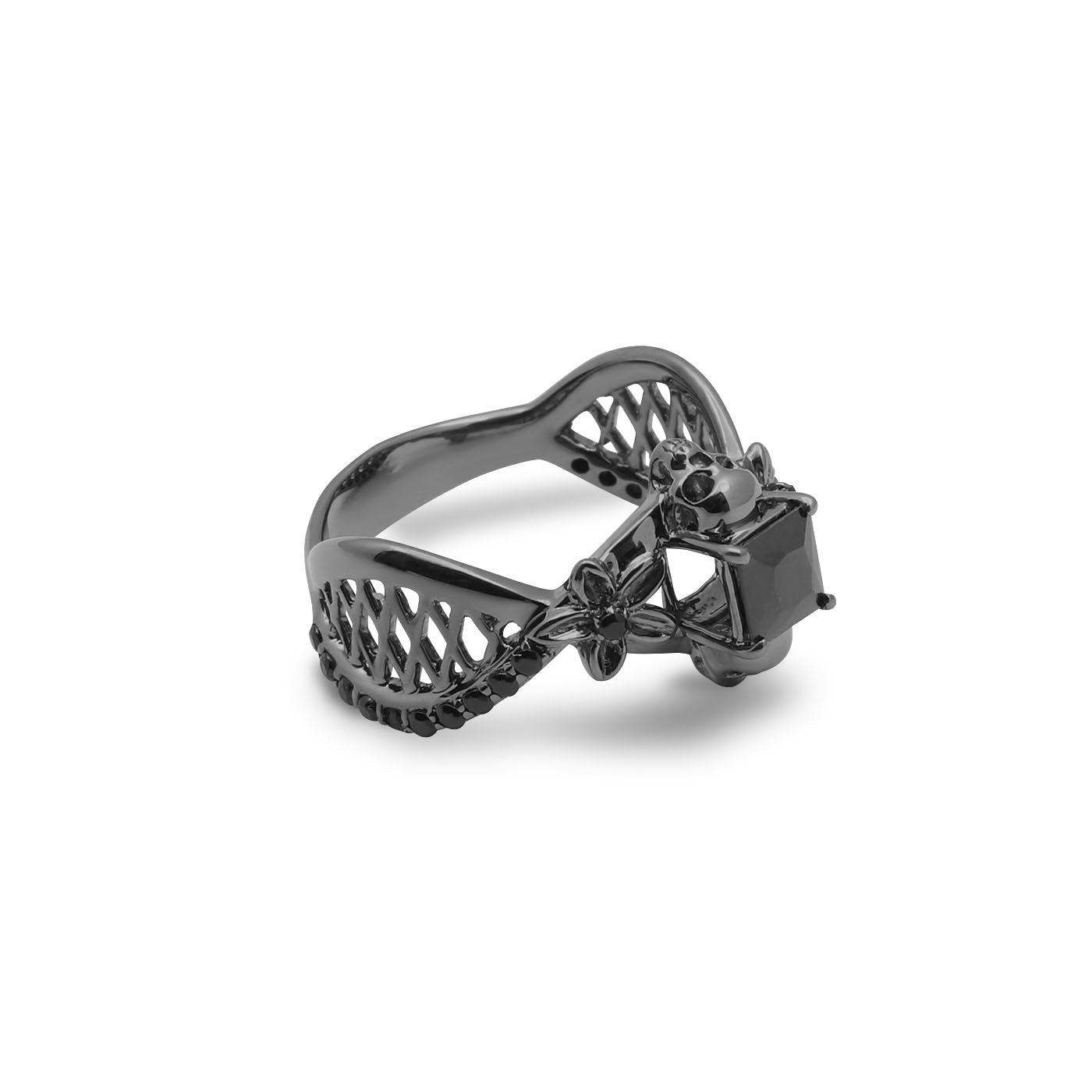 Onyx Mesh Flower Skull Ring