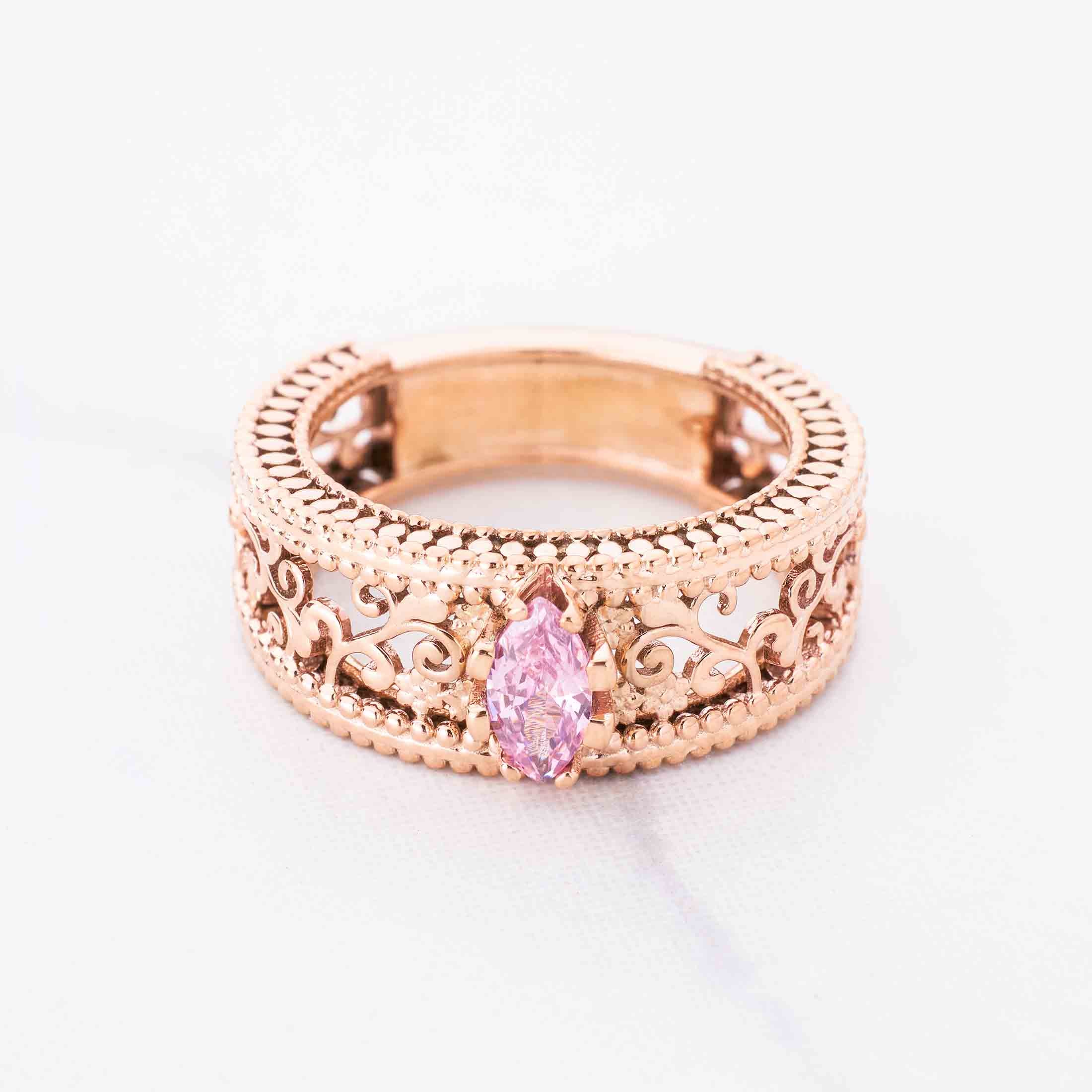 Art Deco Rose Gold Wedding Band Marquise Cut Baby Pink Quartz