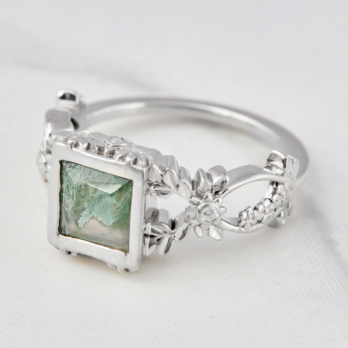 Floral Moss Agate Engagement Ring