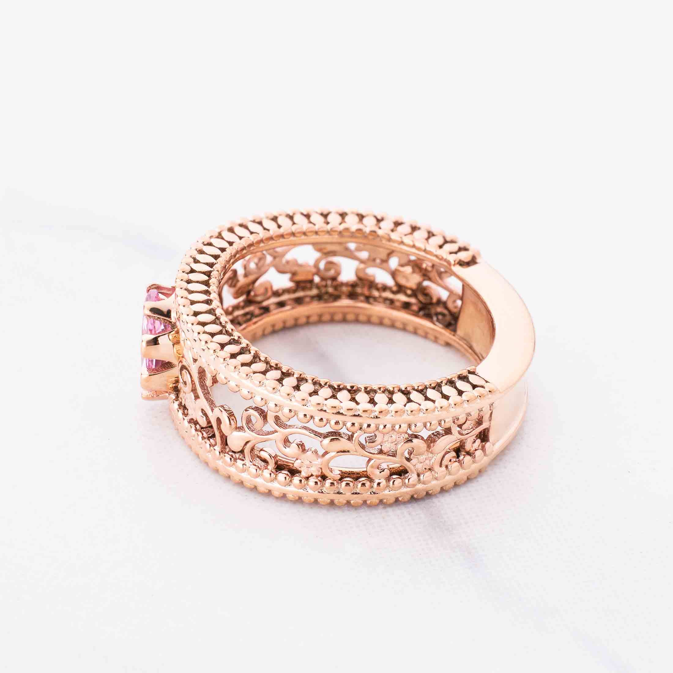 Art Deco Rose Gold Wedding Band Marquise Cut Baby Pink Quartz