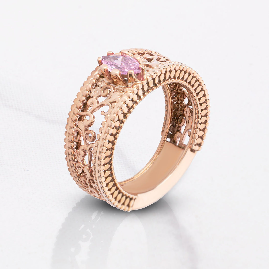 Art Deco Rose Gold Wedding Band Marquise Cut Baby Pink Quartz