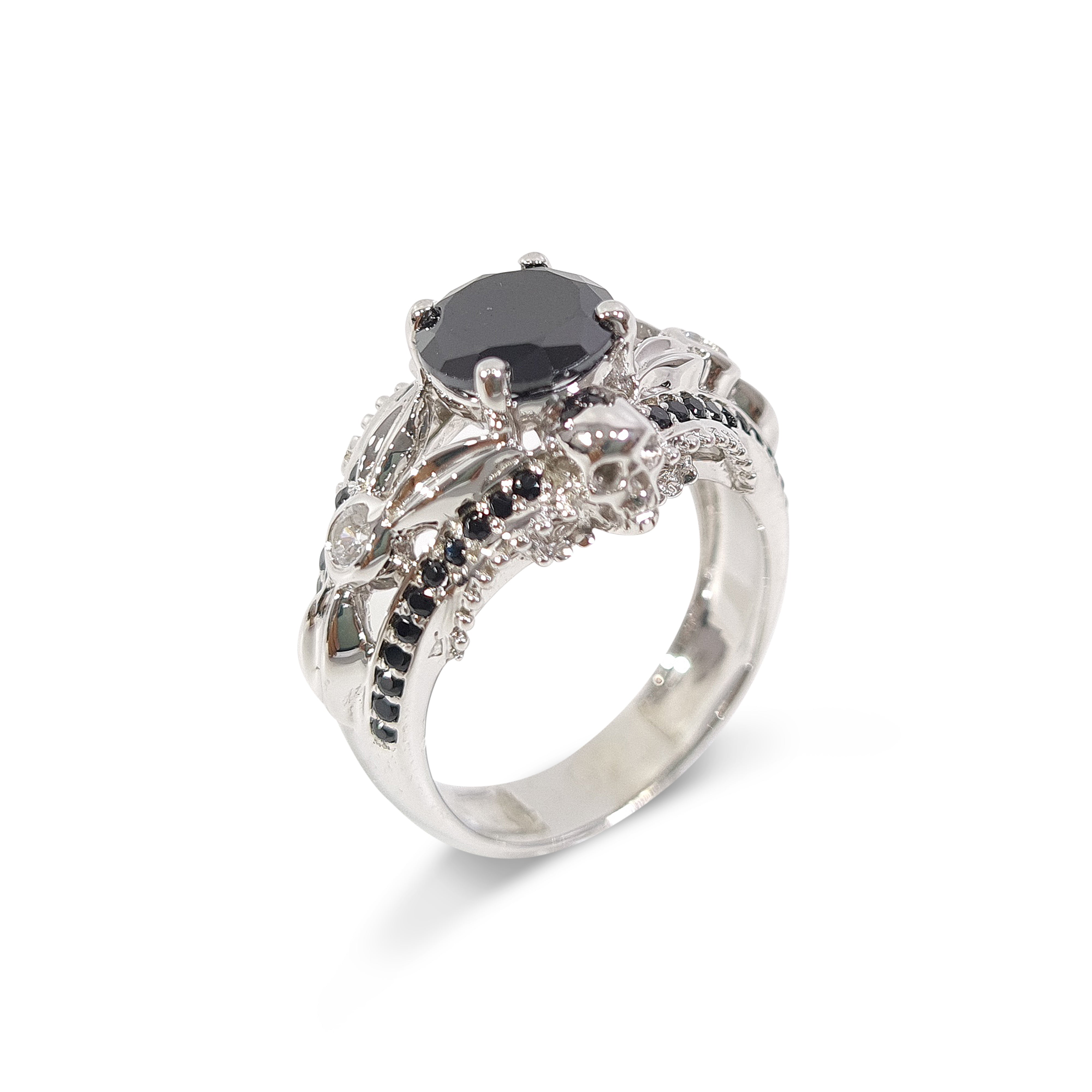 Black Onyx Skull Wedding Ring Leaf Floral Gothic Ring Womens