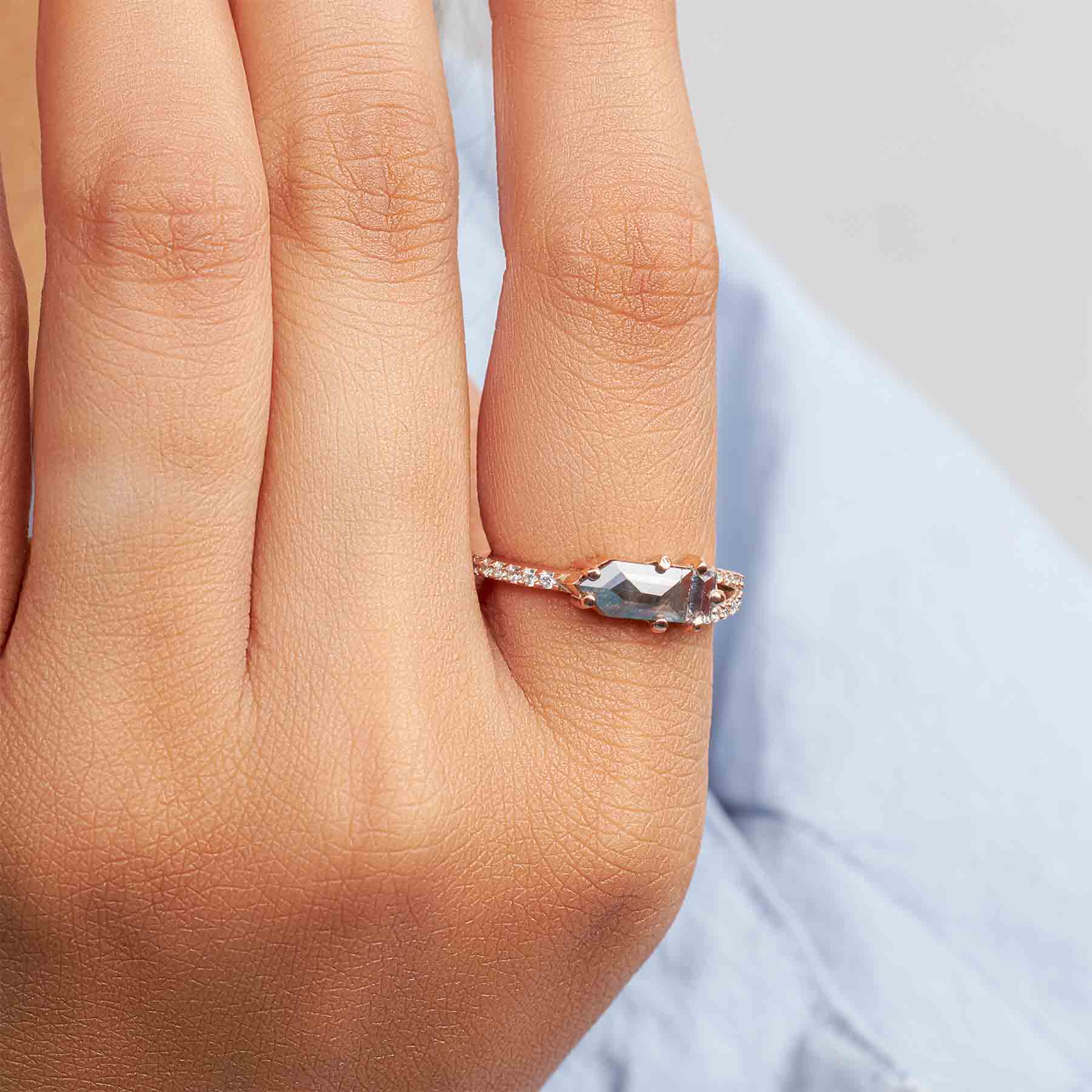 Rose Cut Bullet Natural Salt and Pepper Diamond Promise Ring