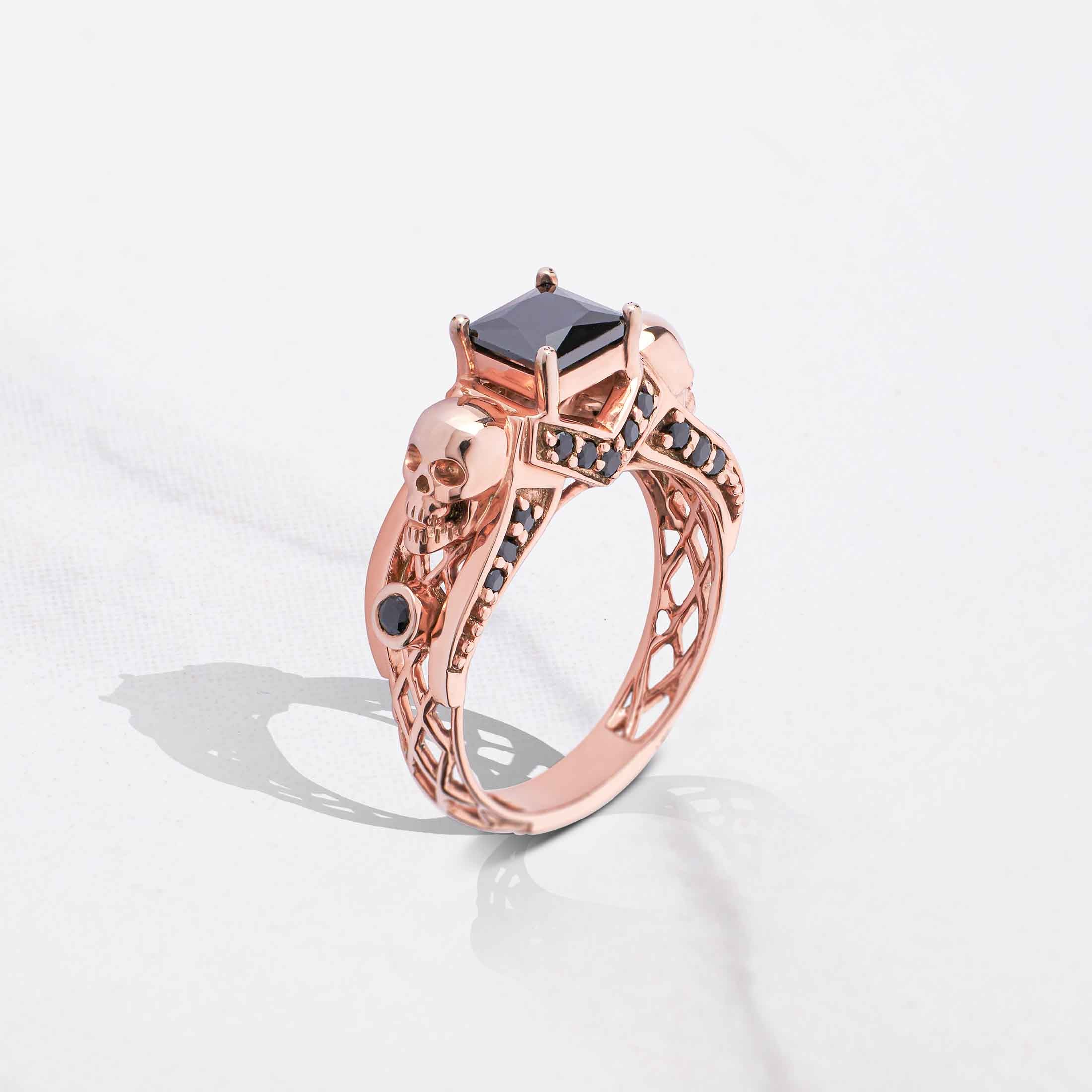 Black Spinel Skull Ring Rose Gold Princess Cut Engagement Rings Gothic Wedding Jewelry