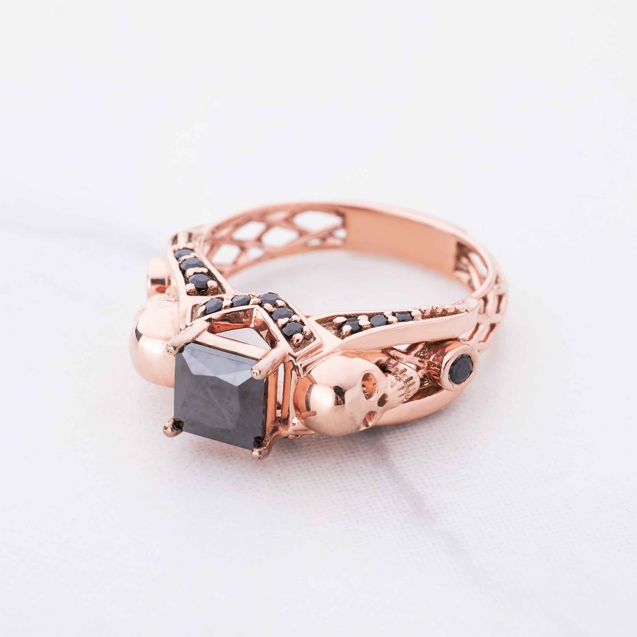 Black Spinel Skull Ring Rose Gold Princess Cut Engagement Rings Gothic Wedding Jewelry