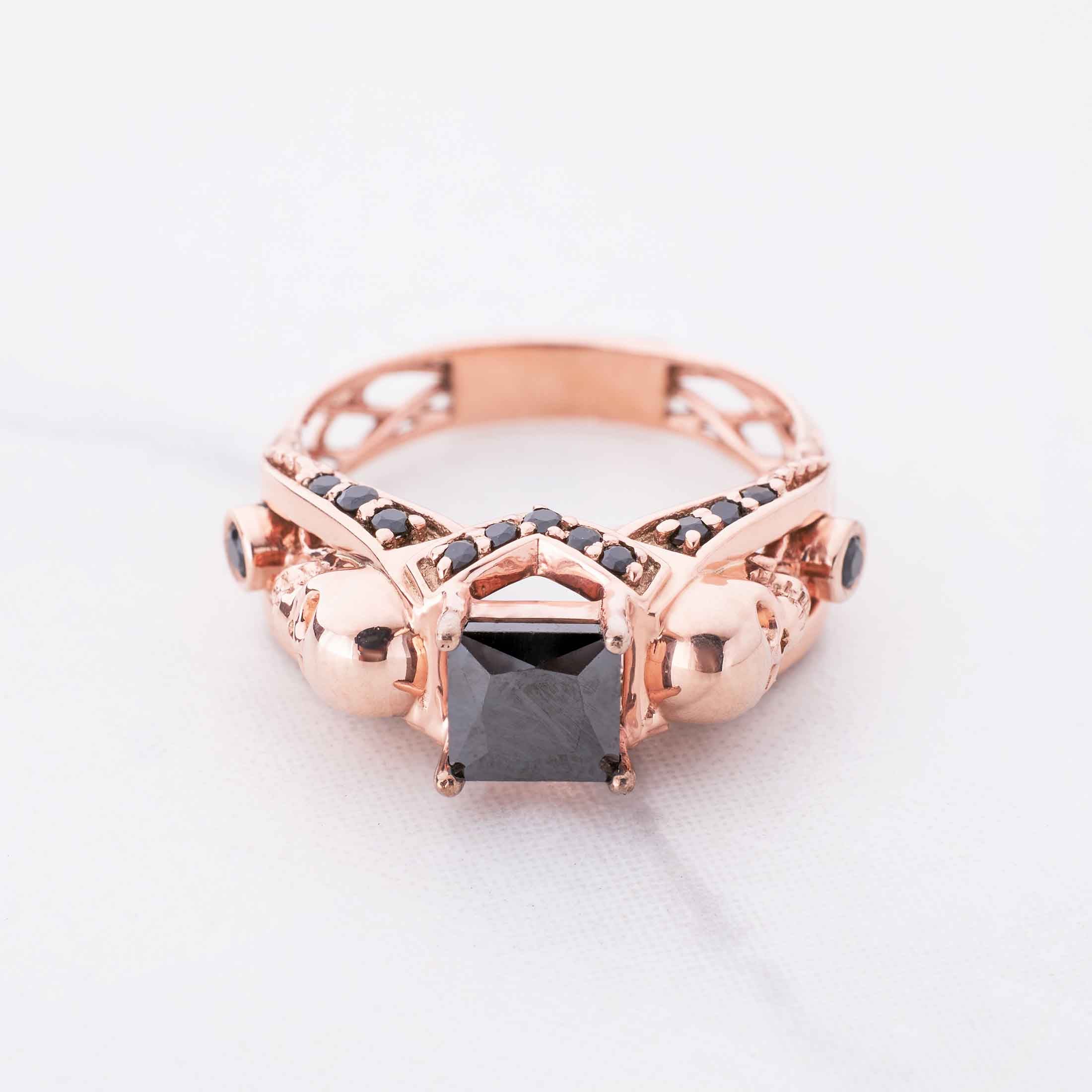 Black Spinel Skull Ring Rose Gold Princess Cut Engagement Rings Gothic Wedding Jewelry