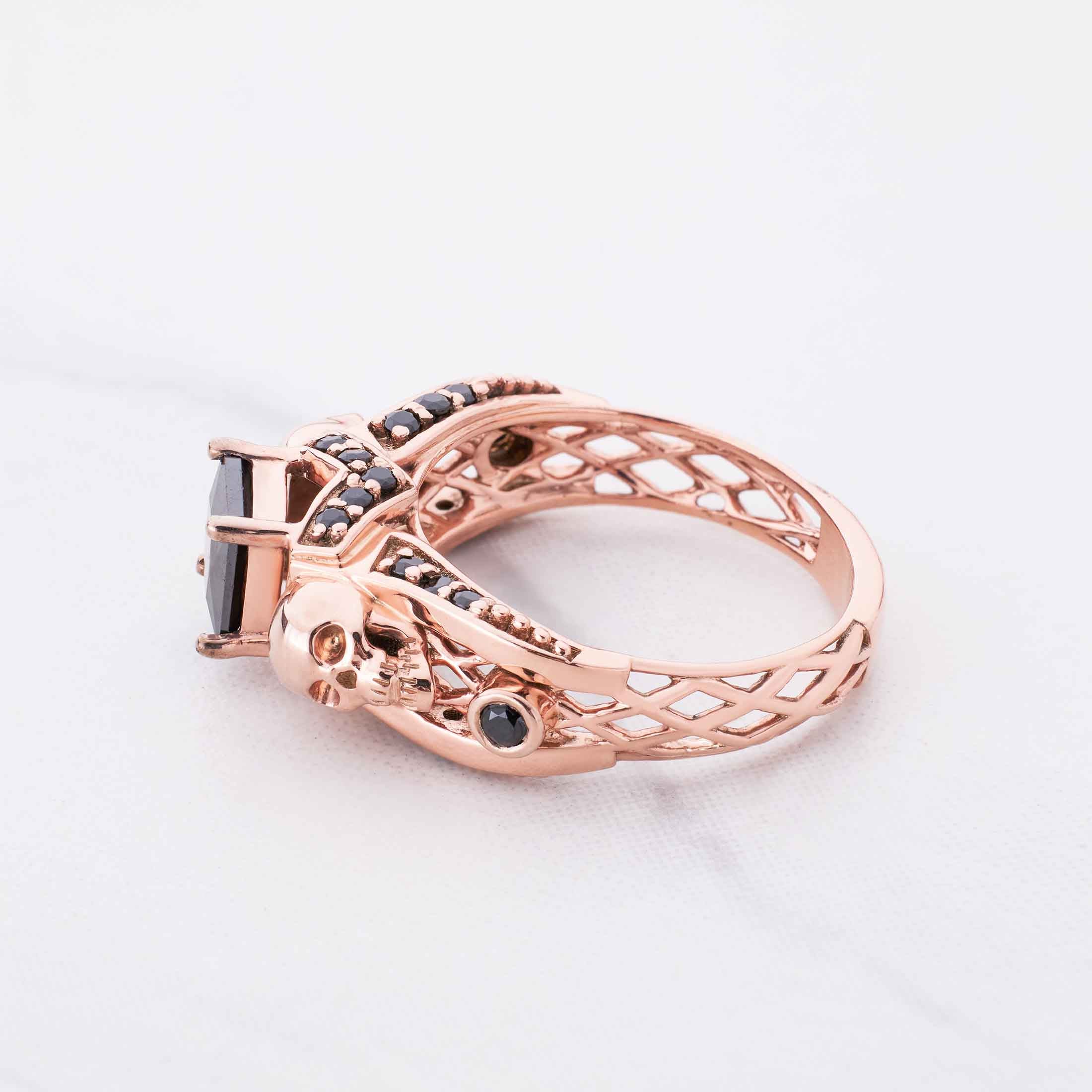 Princess Cut Natural Black Spinel Gothic Skull Engagement Ring