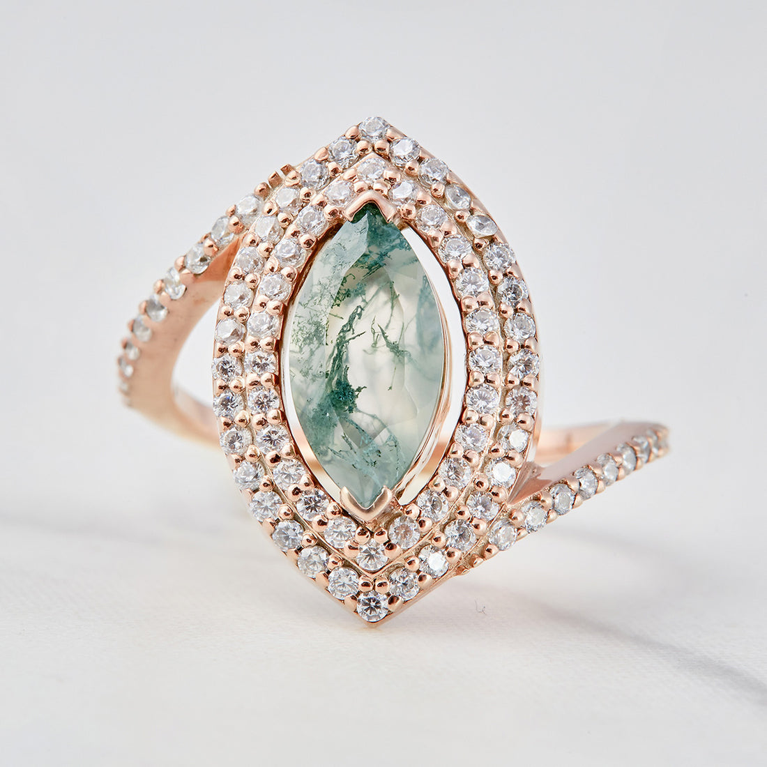 Moss Agate Double Halo Engagement Ring