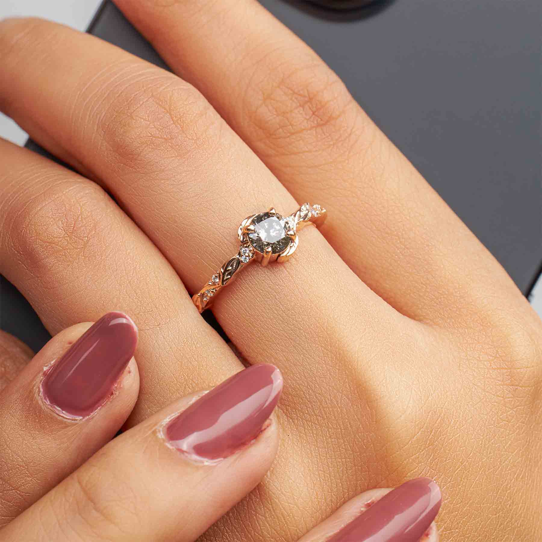 Natural Salt and Pepper Grey Rustic Diamond Engagement Ring