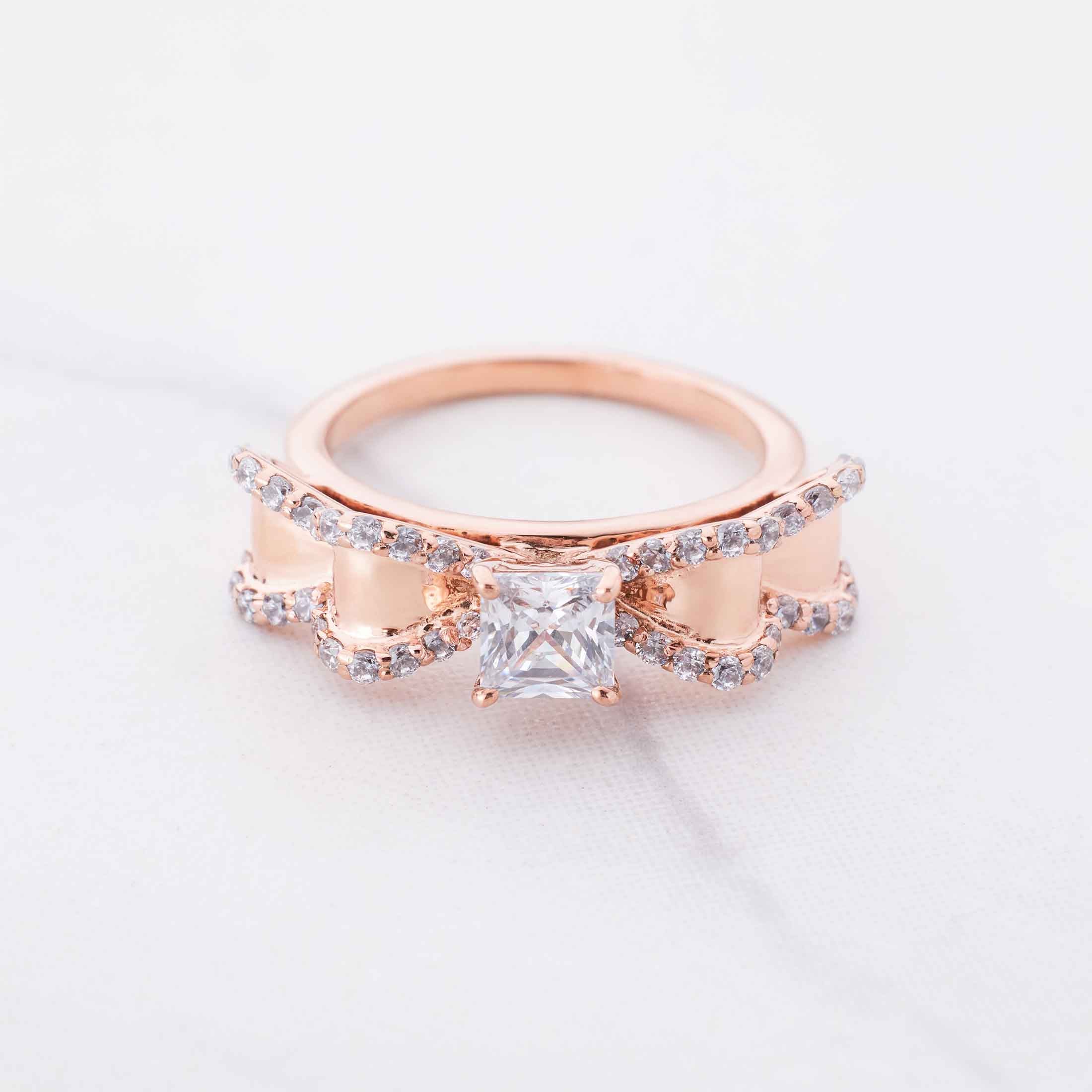 Bow Ring Moissanite Diamond Princess Cut Engagement Ring Rose Gold