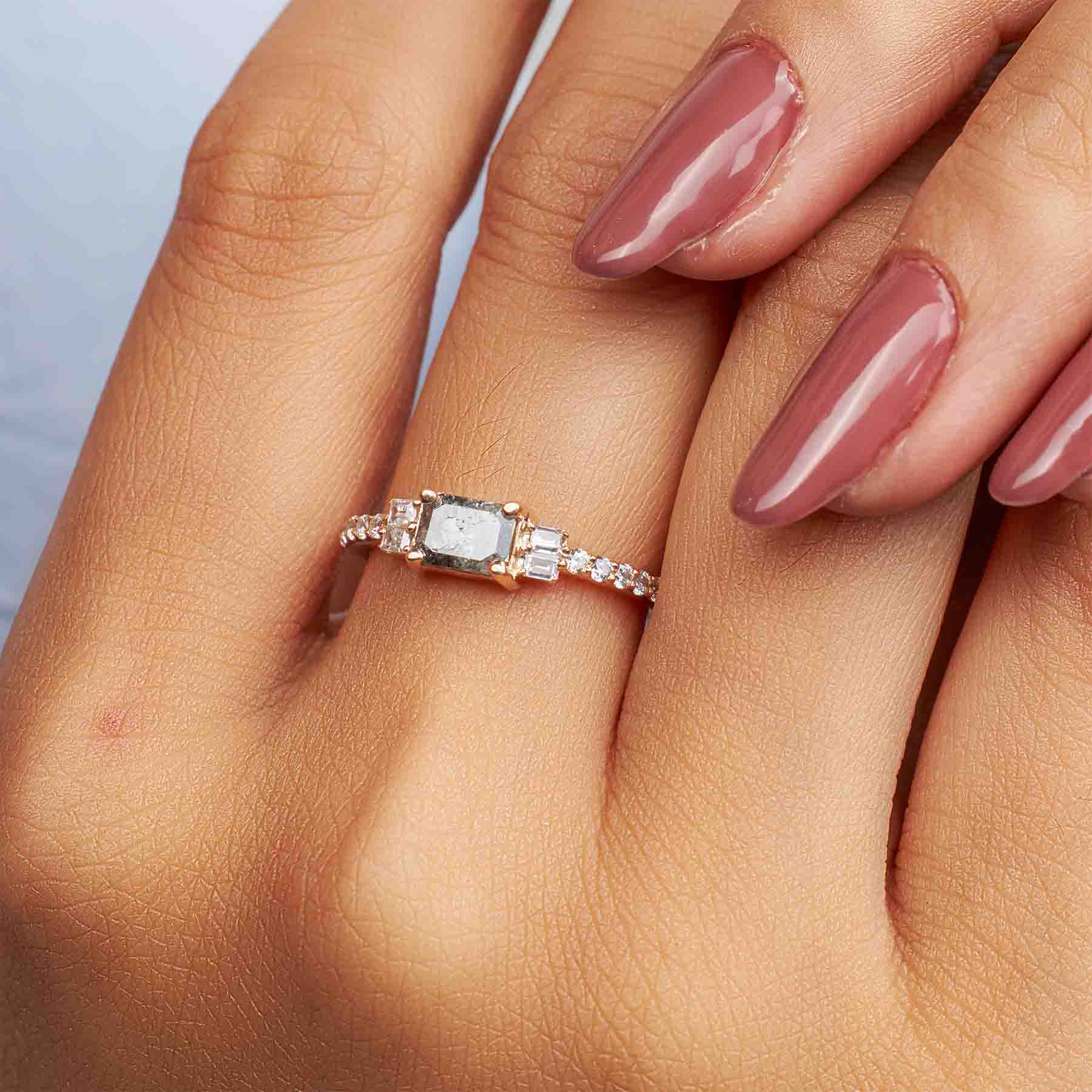 Emerald Cut Natural Salt and Pepper Diamond Engagement Rings