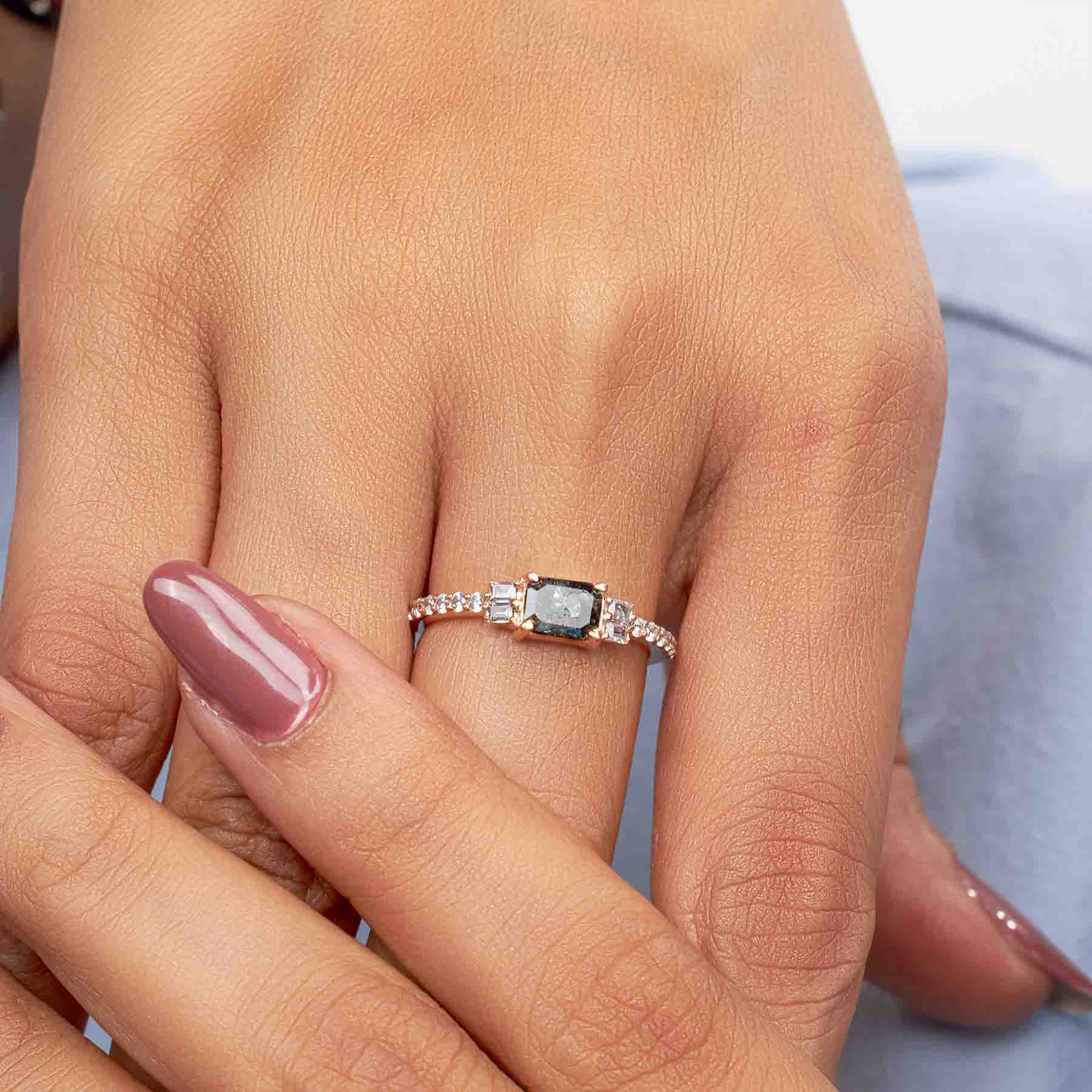 Emerald Cut Natural Salt and Pepper Diamond Engagement Rings
